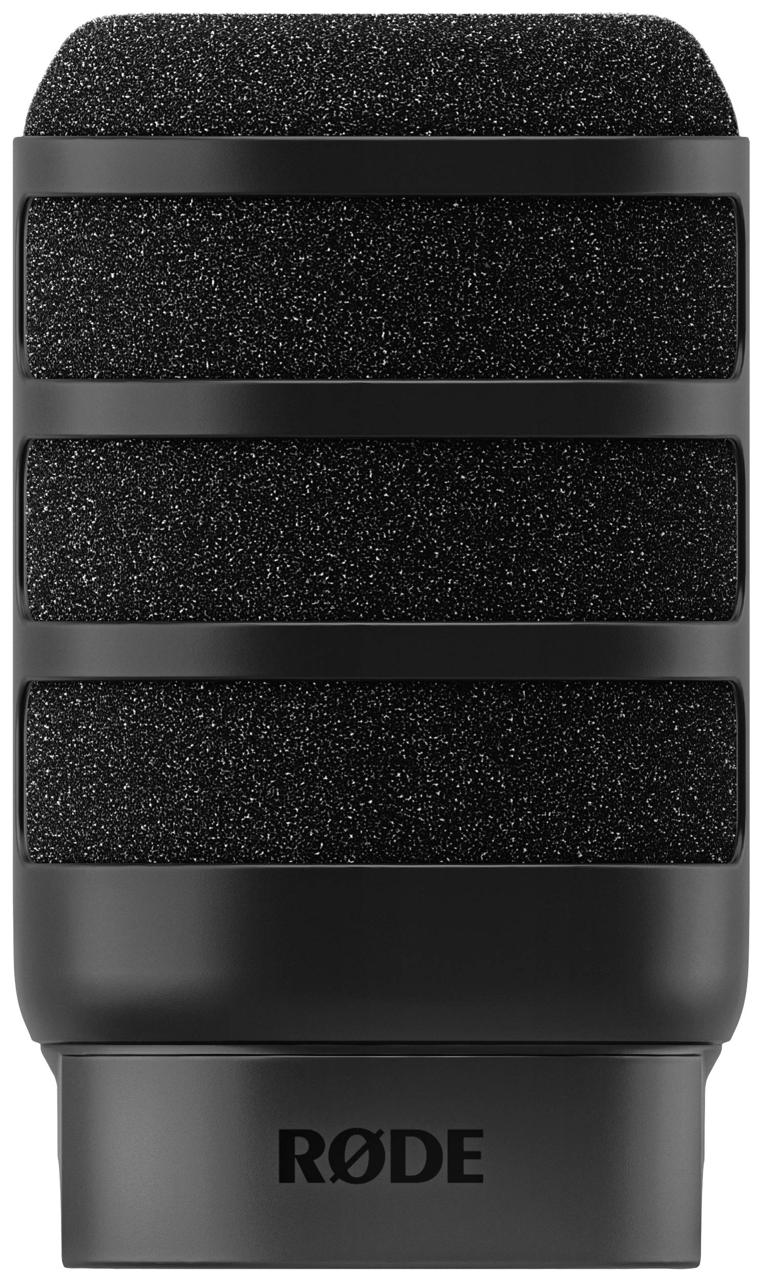 Czarne mikrofon marki RØDE, o prostokątnym kształcie z trzema poziomymi szczelinami i czarną gąbczastą głowicą.