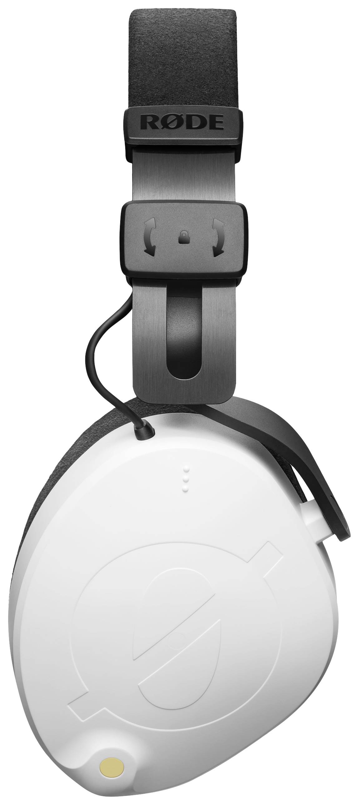 Słuchawki RØDE z białym owalem i czarnym pałąkiem. Nazwa marki widoczna na górnej części pałąka.