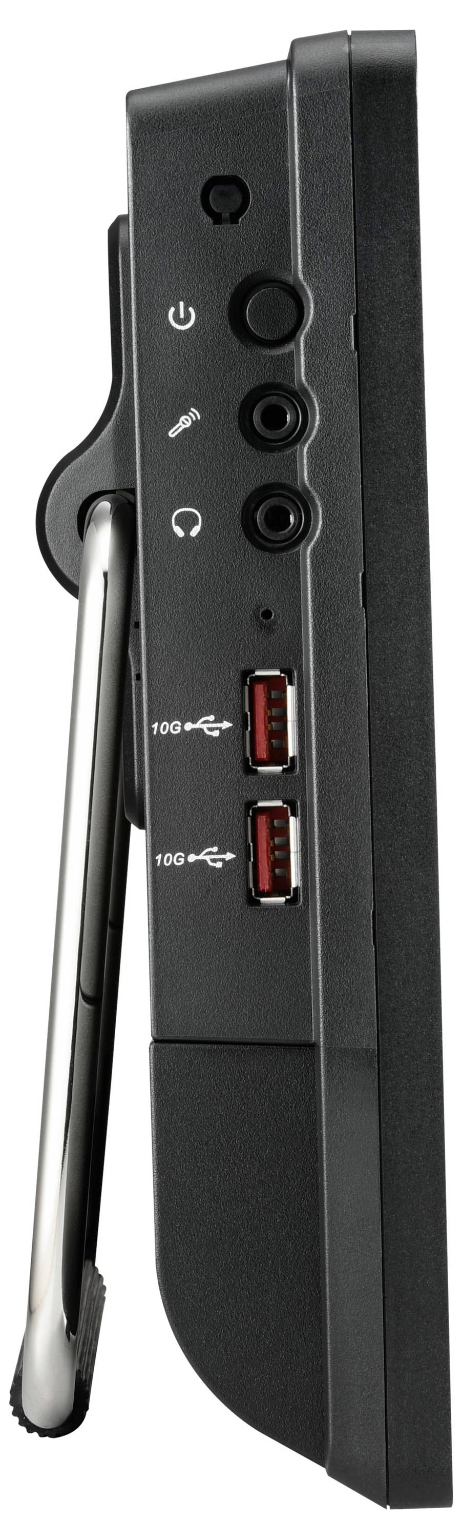 Widok z boku czarnego urządzenia elektronicznego z elementami sterującymi i wieloma portami, w tym dwoma złączami USB oraz gniazdami audio.