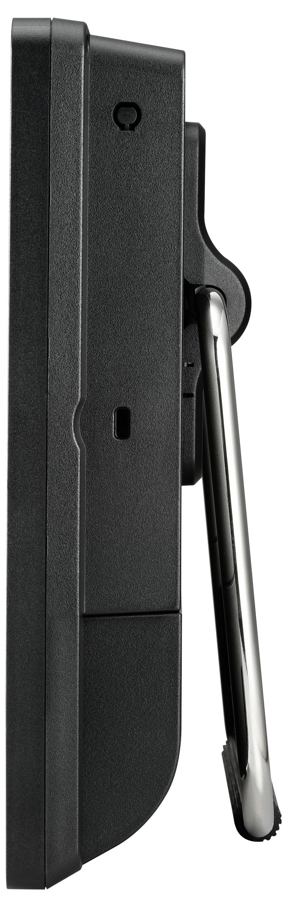 Widok z boku czarnego urządzenia elektronicznego z rozkładanym metalowym stojakiem.