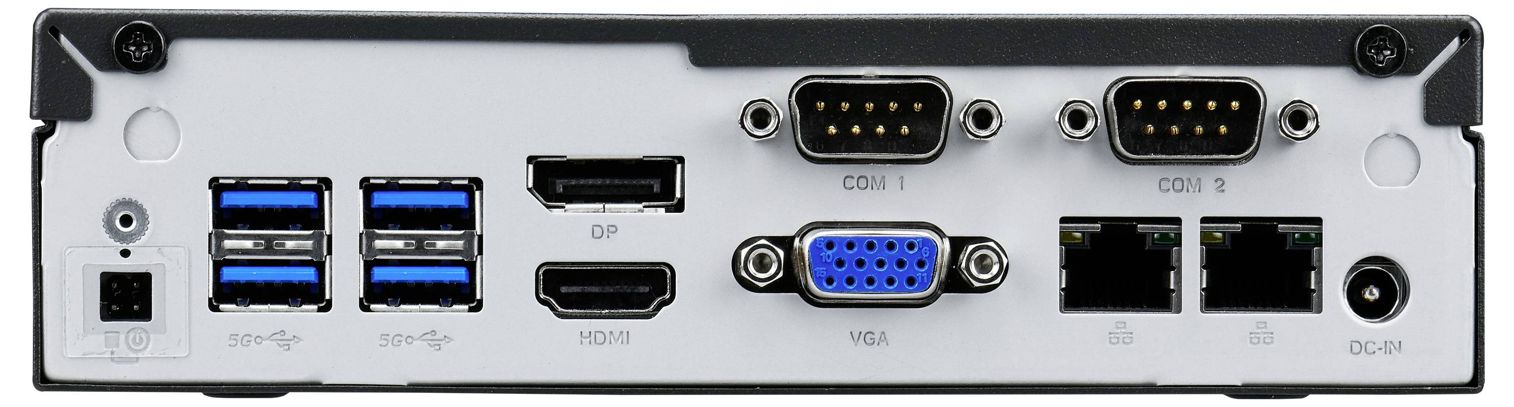 Tylna część komputera z różnymi złączami: USB, HDMI, DP, VGA oraz portami szeregowymi.
