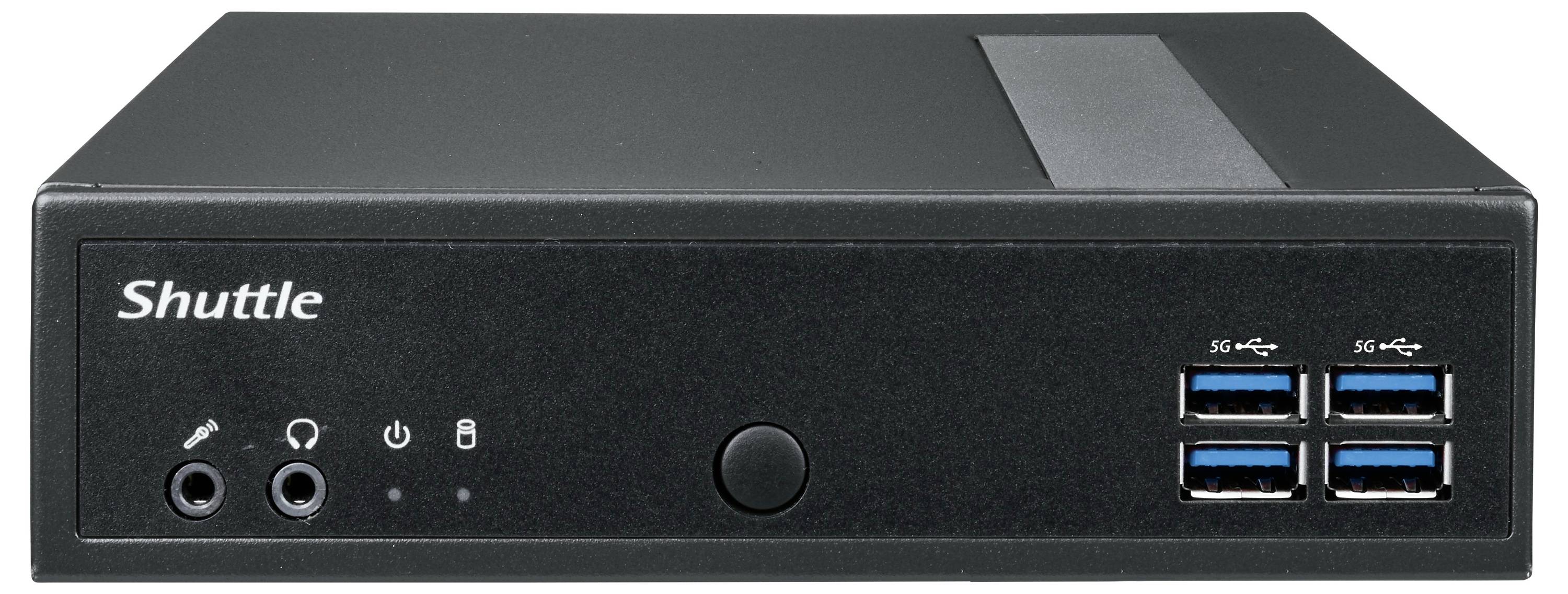 Kompaktowa, czarna obudowa komputerowa z napisem 'Shuttle' z przodu i sześcioma portami USB po prawej stronie.