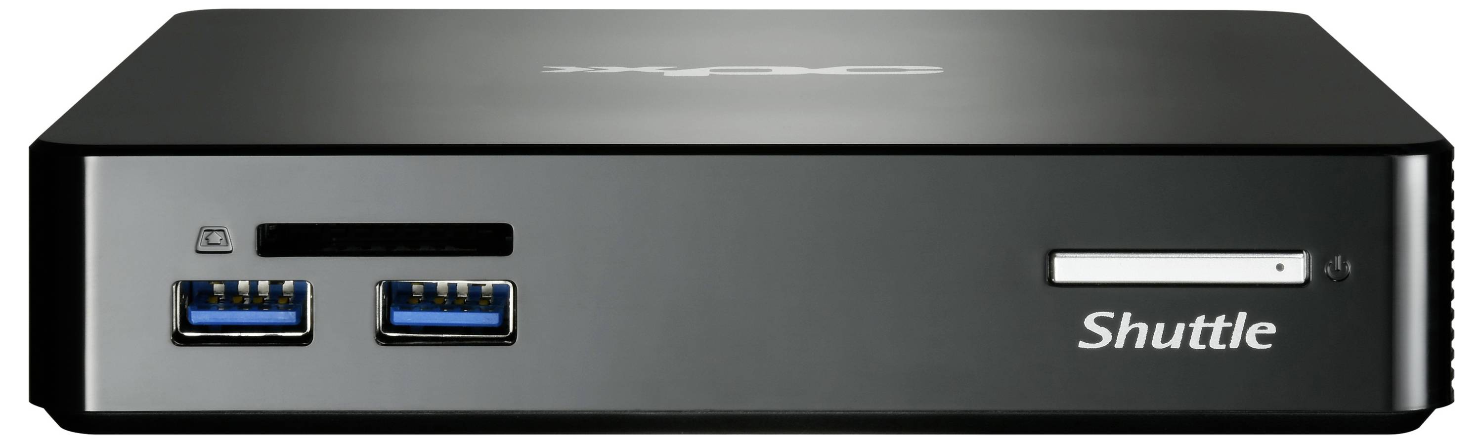 Kompaktowy, czarny mini-komputer z dwoma portami USB 3.0, czytnikiem kart SD i napędem optycznym z przodu.