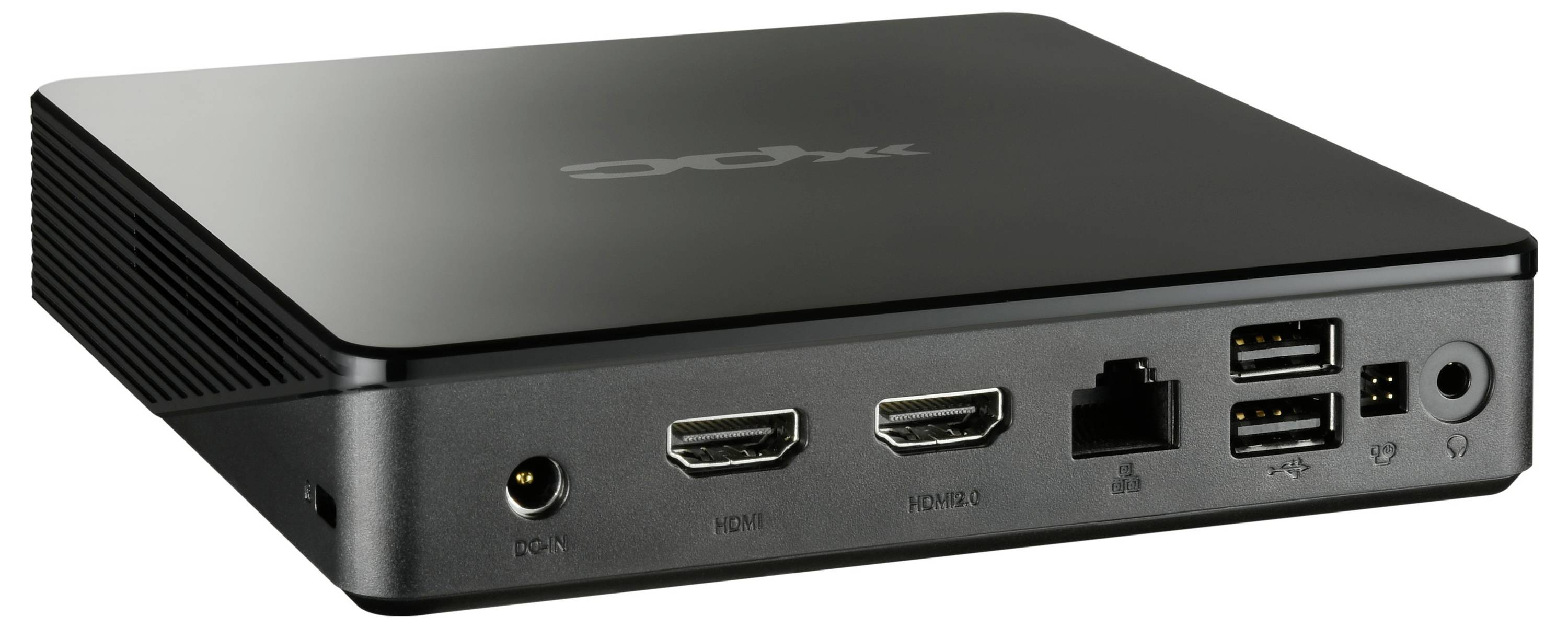 Kompaktowy czarny mini-komputer z wieloma portami: dwa wyjścia HDMI, dwa porty USB, Ethernet oraz zasilanie z tyłu obudowy. Idealny do zastosowań multimedialnych.