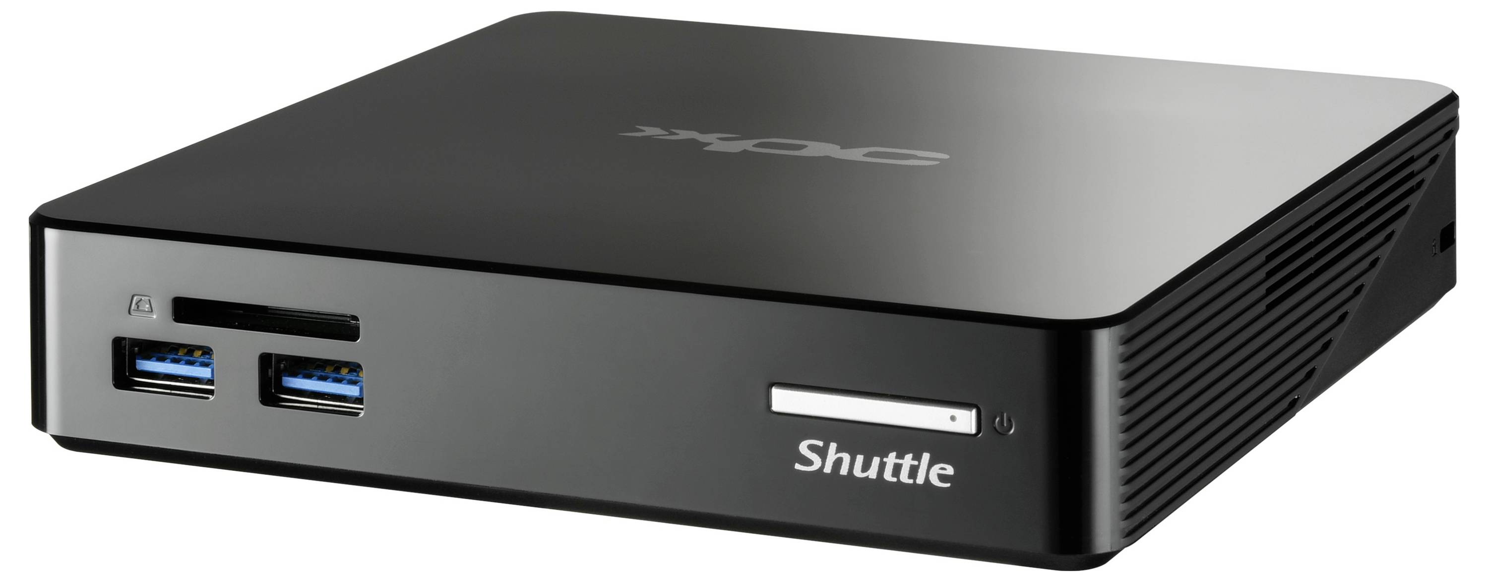 Czarny mini-komputer Shuttle z portami USB i slotem na kartę SD z przodu. Idealny do kompaktowych stanowisk pracy.