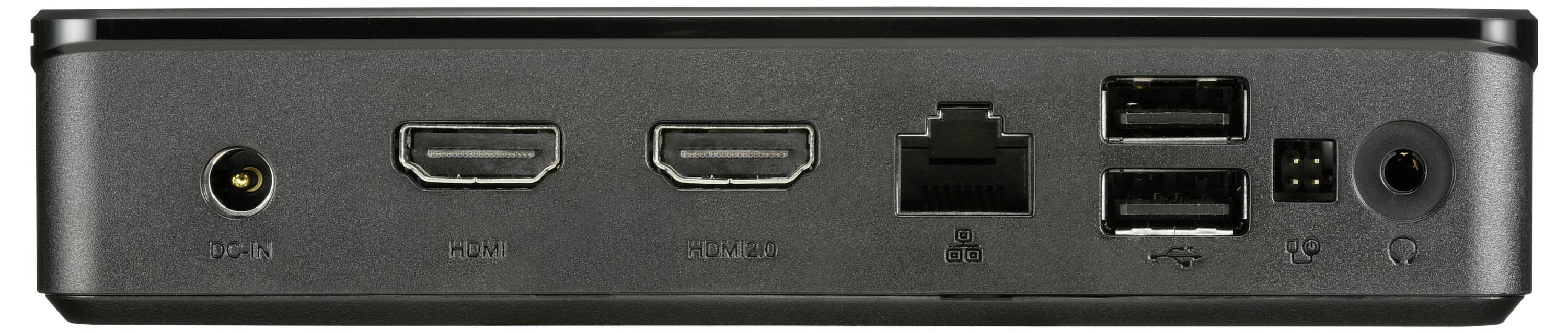 Mała, prostokątna jednostka komputerowa z wieloma złączami z tyłu: zasilanie, dwa wejścia HDMI, Ethernet, dwa porty USB, wyjście audio.