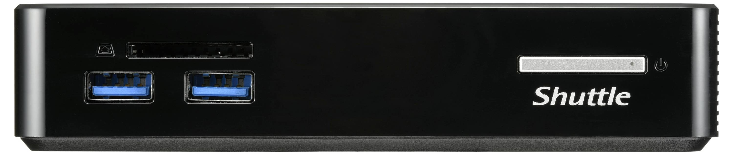 Mały czarny komputer z dwoma niebieskimi portami USB po lewej stronie, gniazdem karty SD nad nimi, przyciskiem zasilania po prawej stronie oraz logo 'Shuttle' w prawym dolnym rogu.