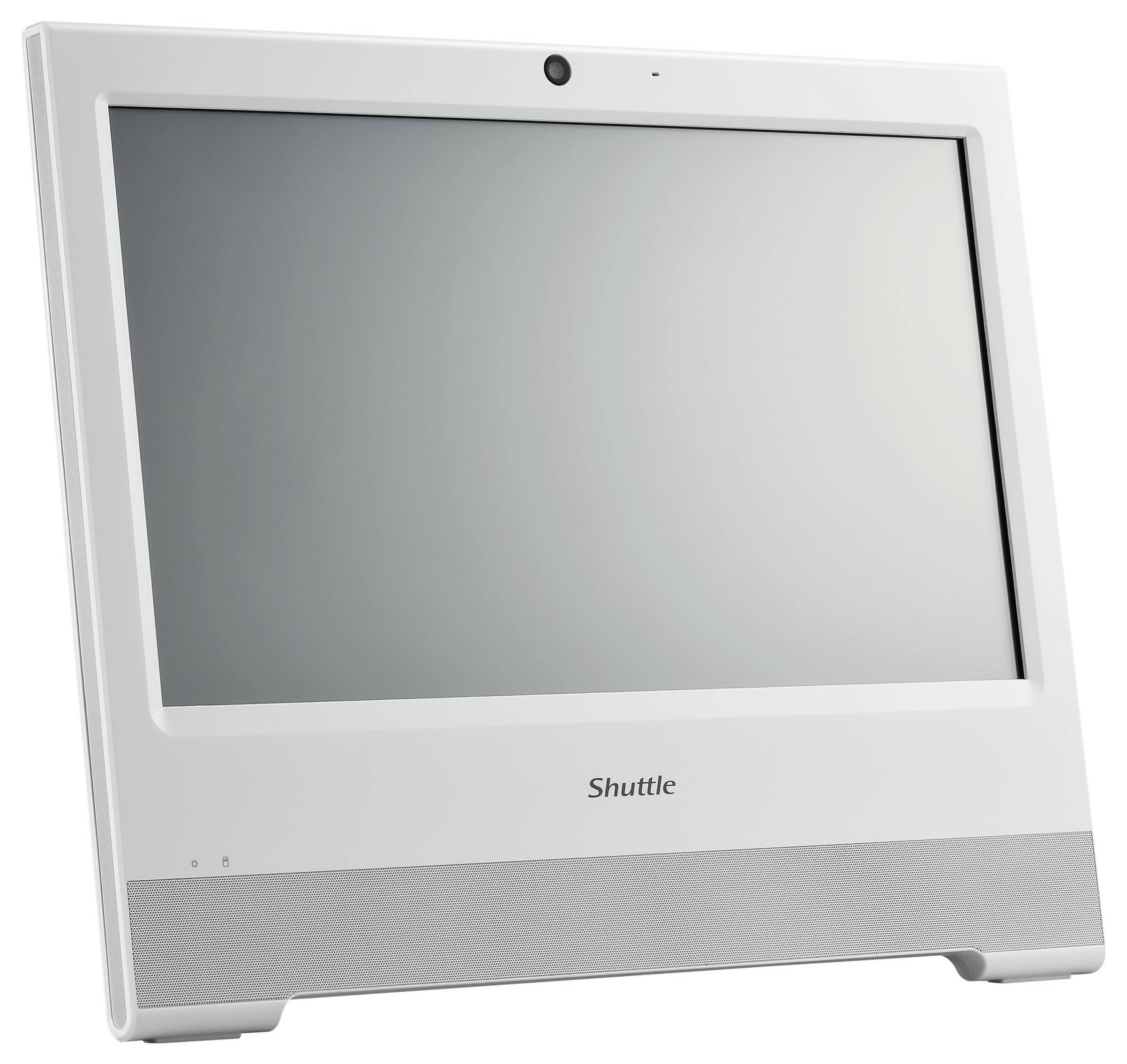 Biały, smukły ekran komputerowy z wbudowanym głośnikiem, kamerą internetową na górze i napisem 'Shuttle' u dołu.
