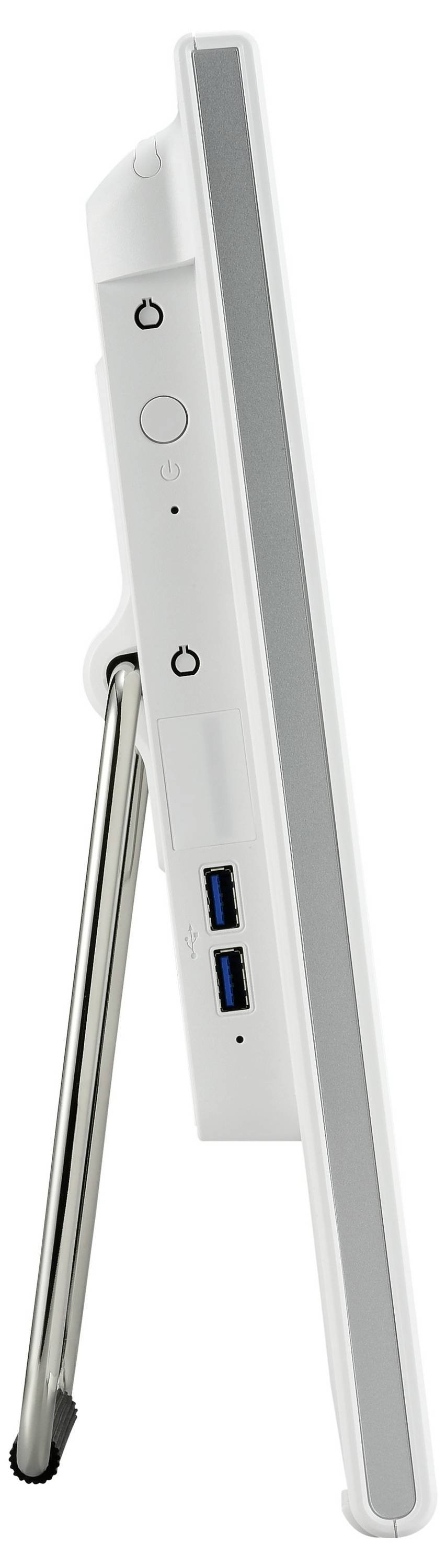 Widok z boku białego urządzenia ze stojakiem, portami USB i przyciskami sterującymi.