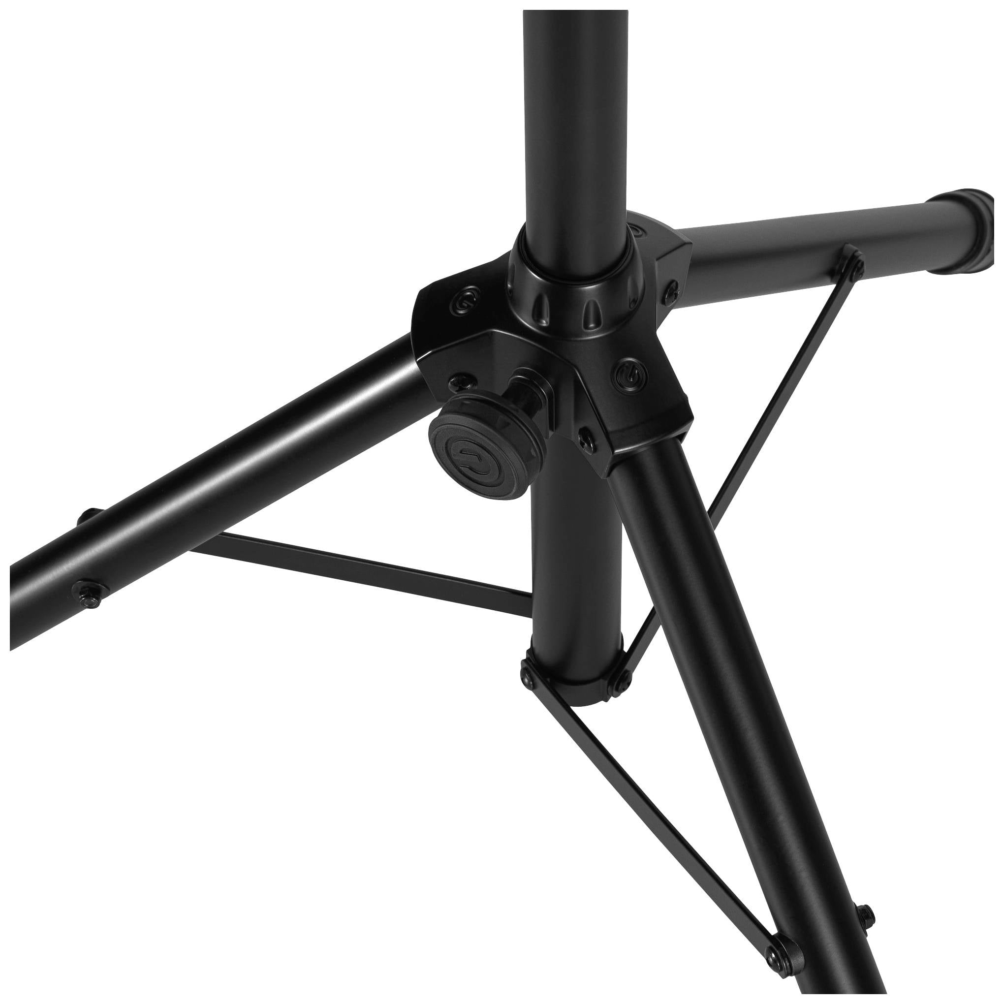 Czarny, stabilny statyw metalowy stojący na podłodze. Odpowiedni do celów fotograficznych.