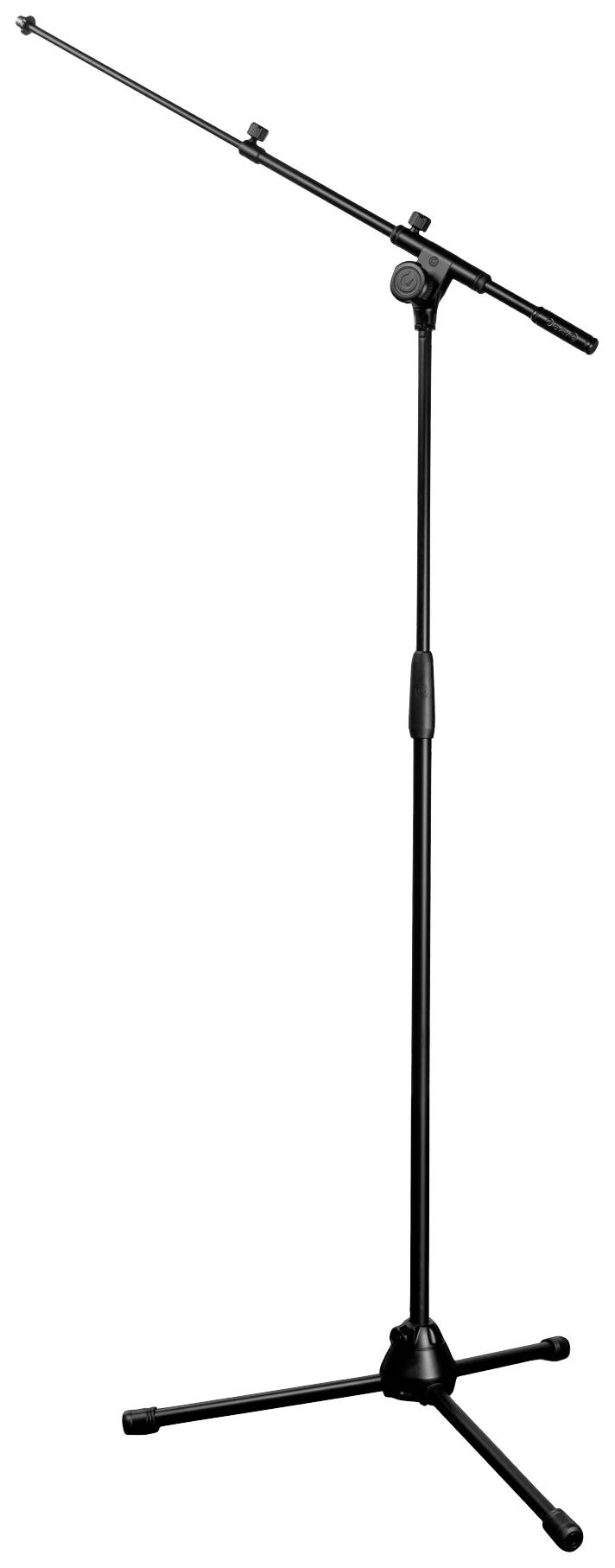 Czarny statyw mikrofonowy z wysięgnikiem, regulowany wysokościowo, z trójnożną podstawą.