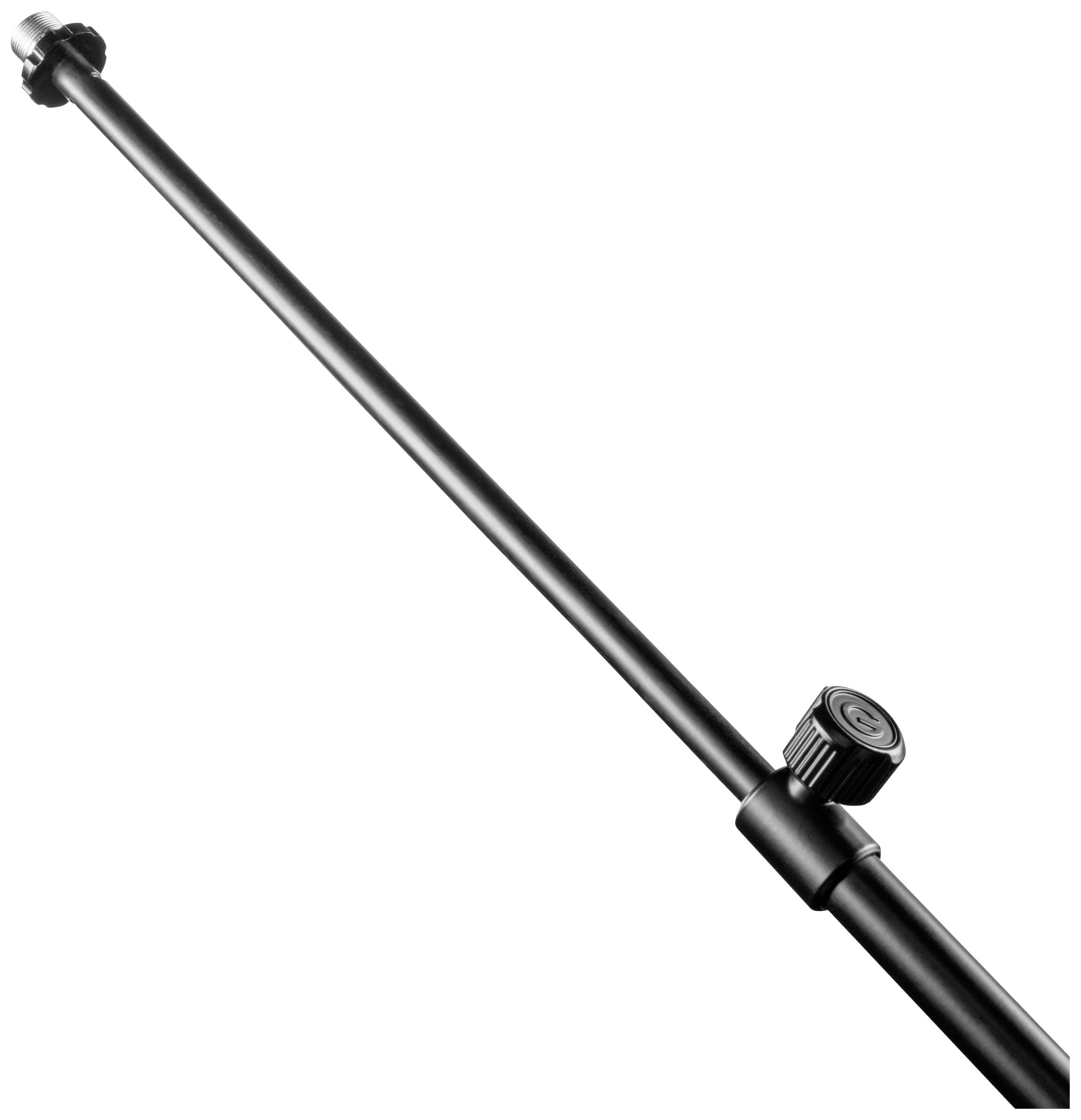 Czarny statyw mikrofonowy z prostym prętem i pokrętłem regulacyjnym, na białym tle.