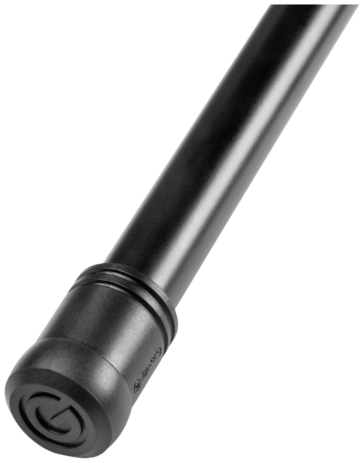 Czarna cylindryczna metalowa pręta z zaokrągloną końcówką, prawdopodobnie element większego urządzenia mechanicznego lub technicznego.