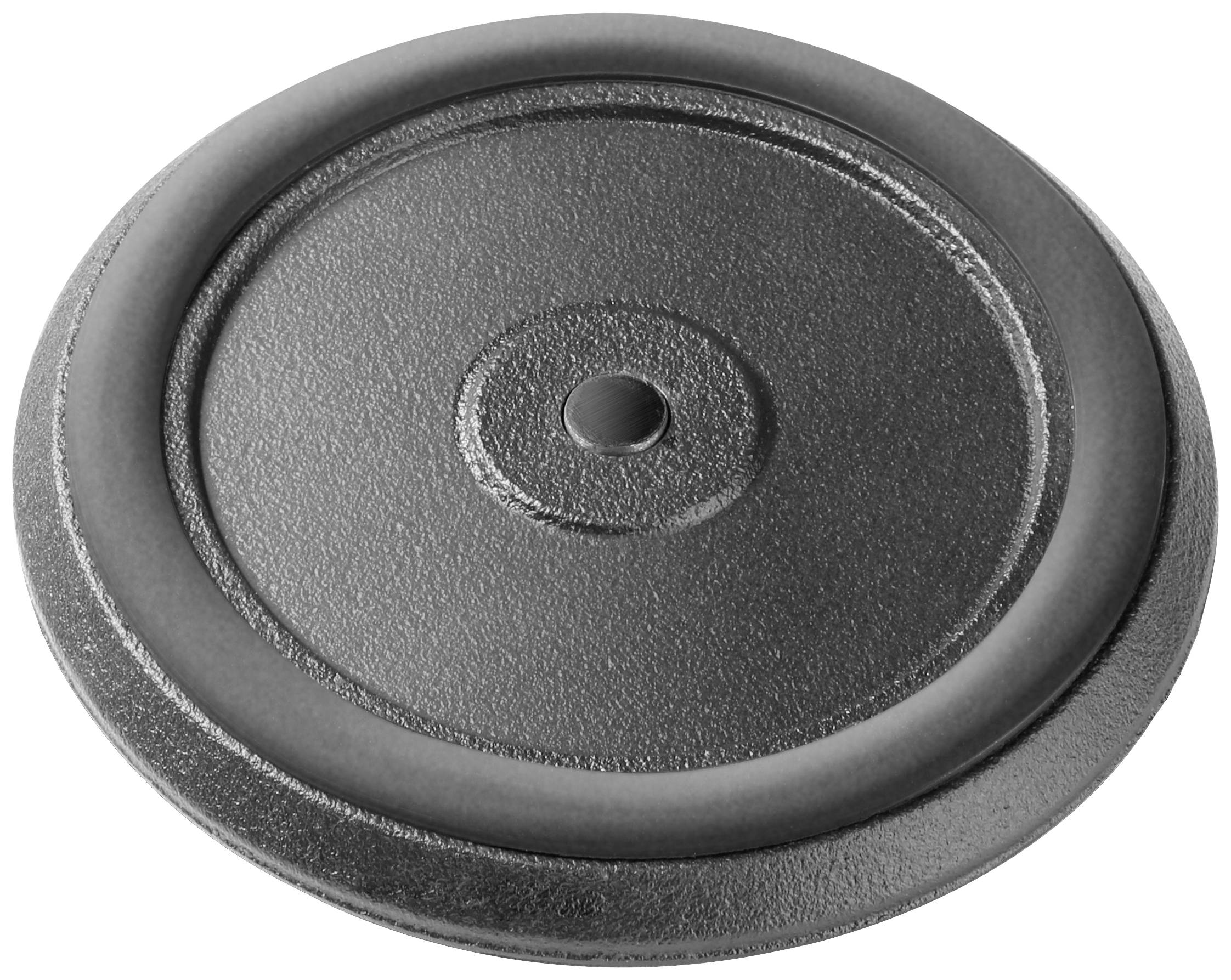 Okrążona srebrna tarcza obciążeniowa z otworem pośrodku, leżąca na jasnej powierzchni. Idealna do ćwiczeń fitness i treningu siłowego.