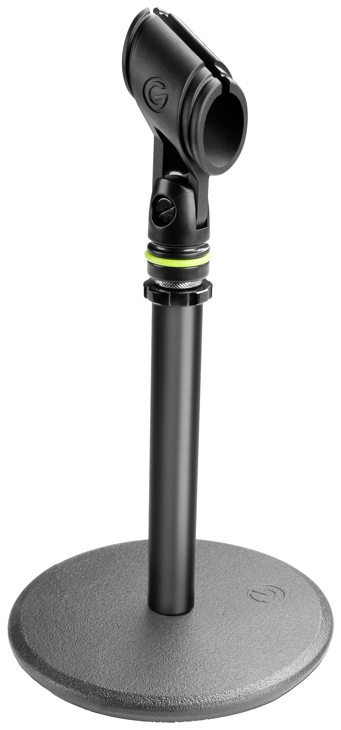 Czarny statyw mikrofonowy z okrągłą podstawą i regulowanym uchwytem. Nadaje się do trzymania mikrofonów podczas nagrań lub występów.