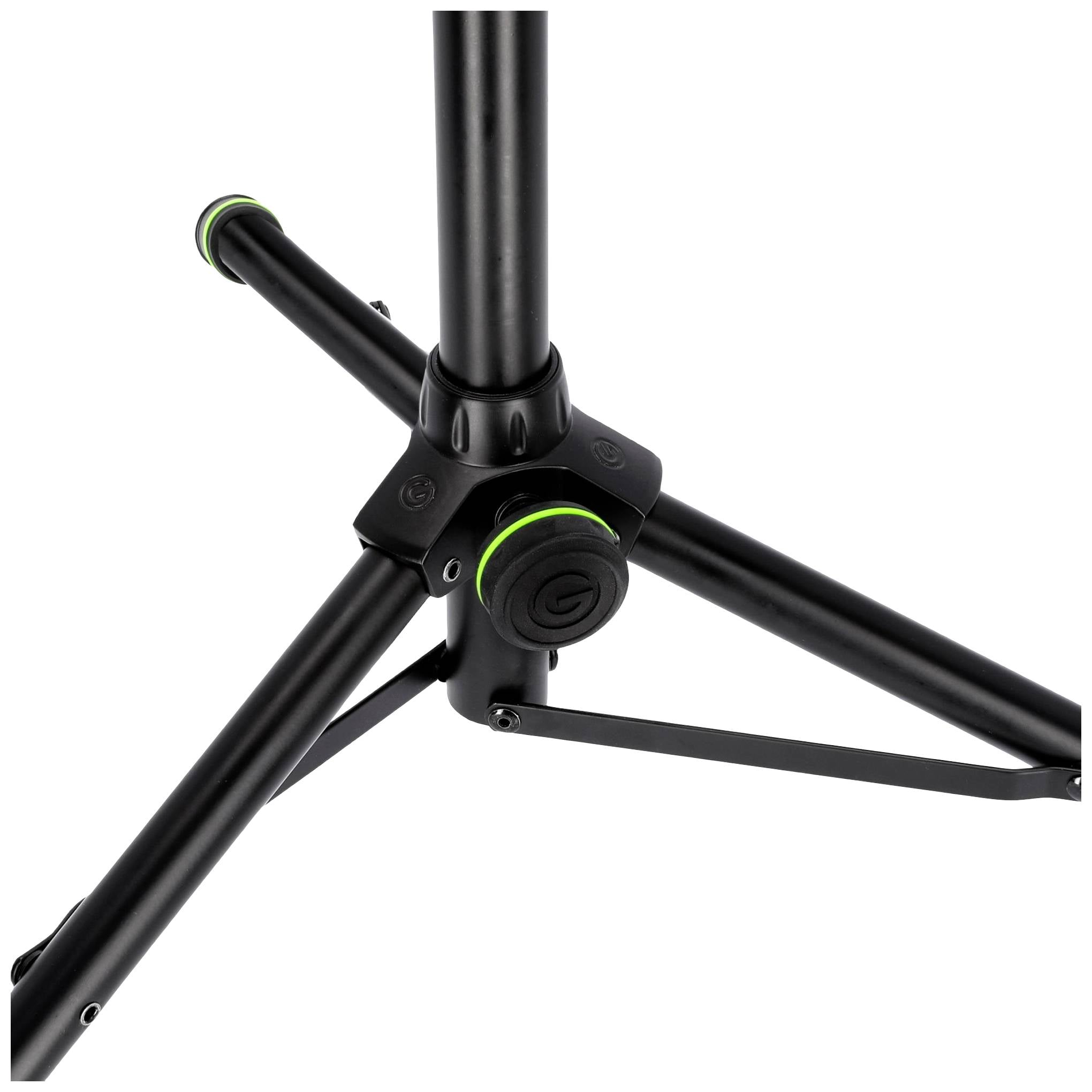 Czarny statyw z zielonymi akcentami, trzy rozkładane nogi. Przeznaczony do użytku z kamerami lub sprzętem oświetleniowym.