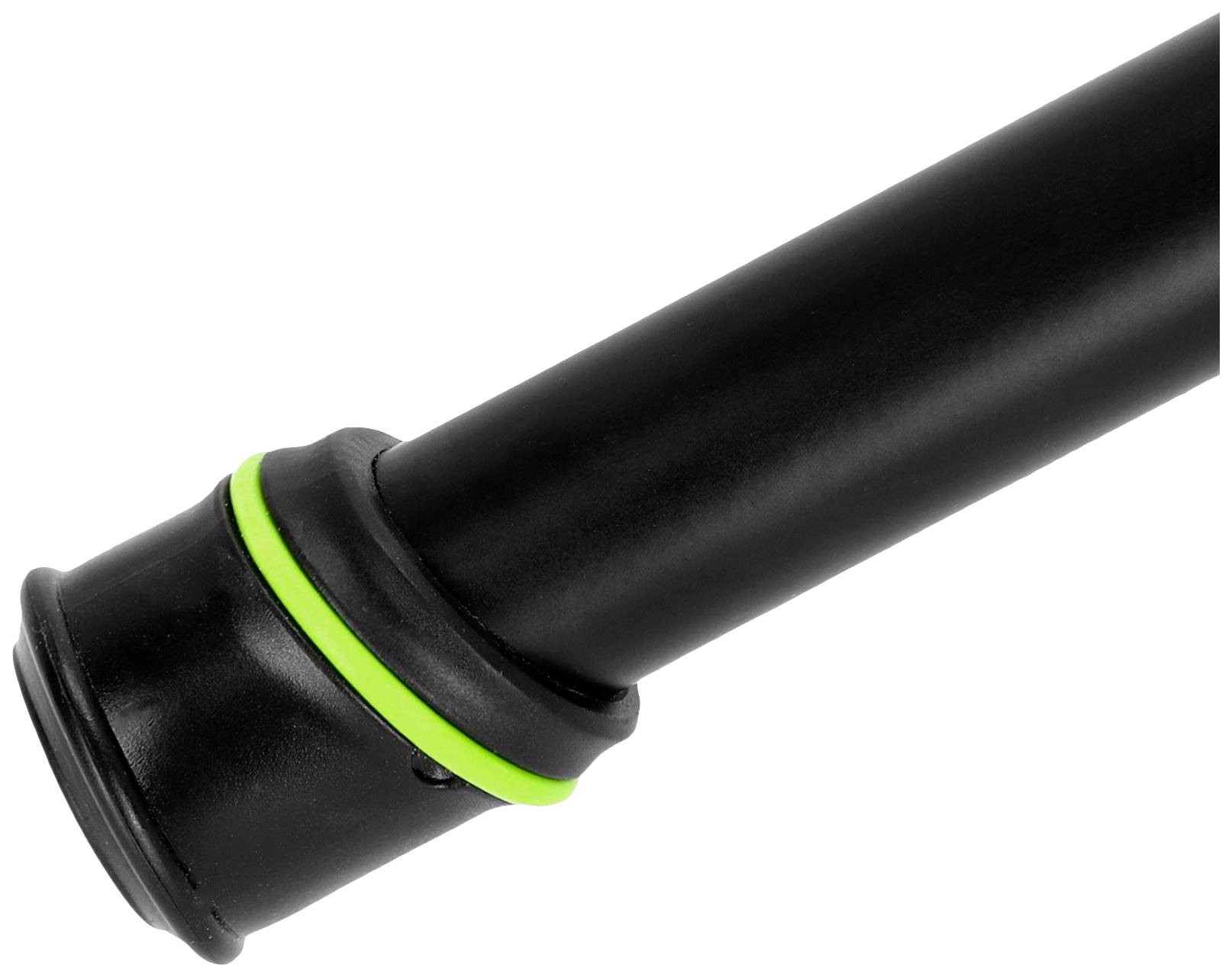 Czarny odcinek rury z dwoma zielonymi pierścieniami na końcach, przedstawiający specjalne połączenie lub uszczelnienie.