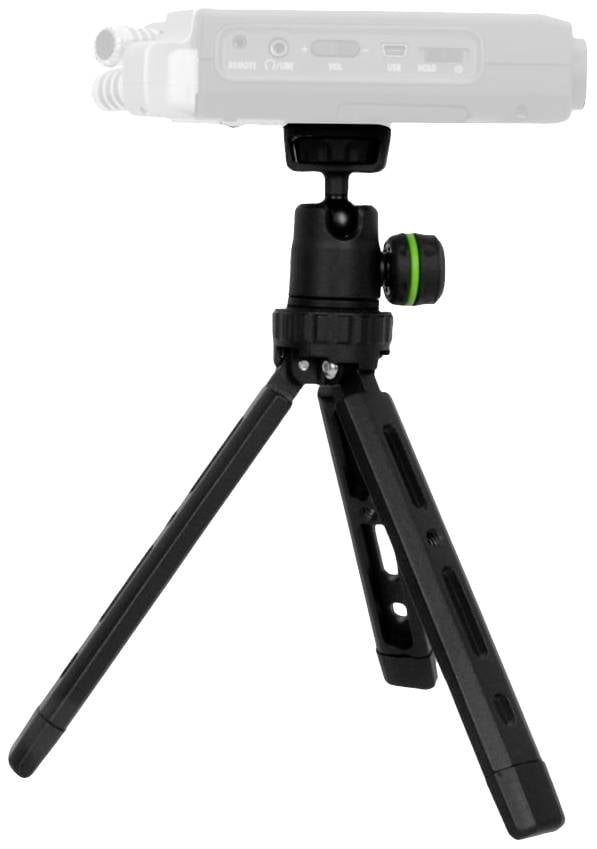 Czarny, kompaktowy statyw o trzech nogach z zielonym pokrętłem regulacyjnym, odpowiedni do mocowania kamer lub urządzeń.