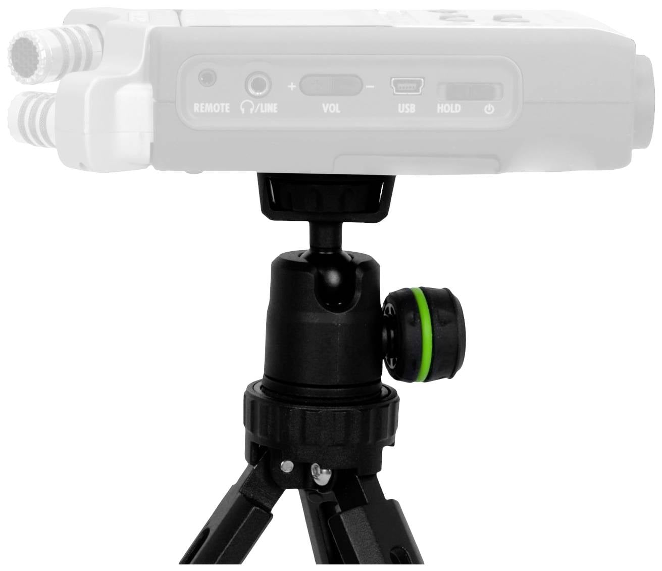 Urządzenie nagrywające spoczywa na czarnej głowicy statywu, zamontowanej na kompaktowym statywie trójnożnym.