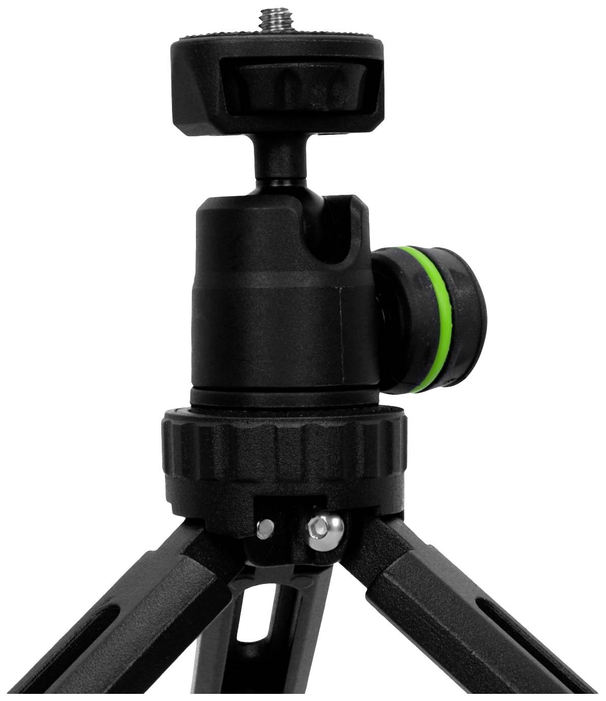 Czarny statyw z regulowaną głowicą i zieloną poziomicą, odpowiedni dla aparatów fotograficznych i innych urządzeń.