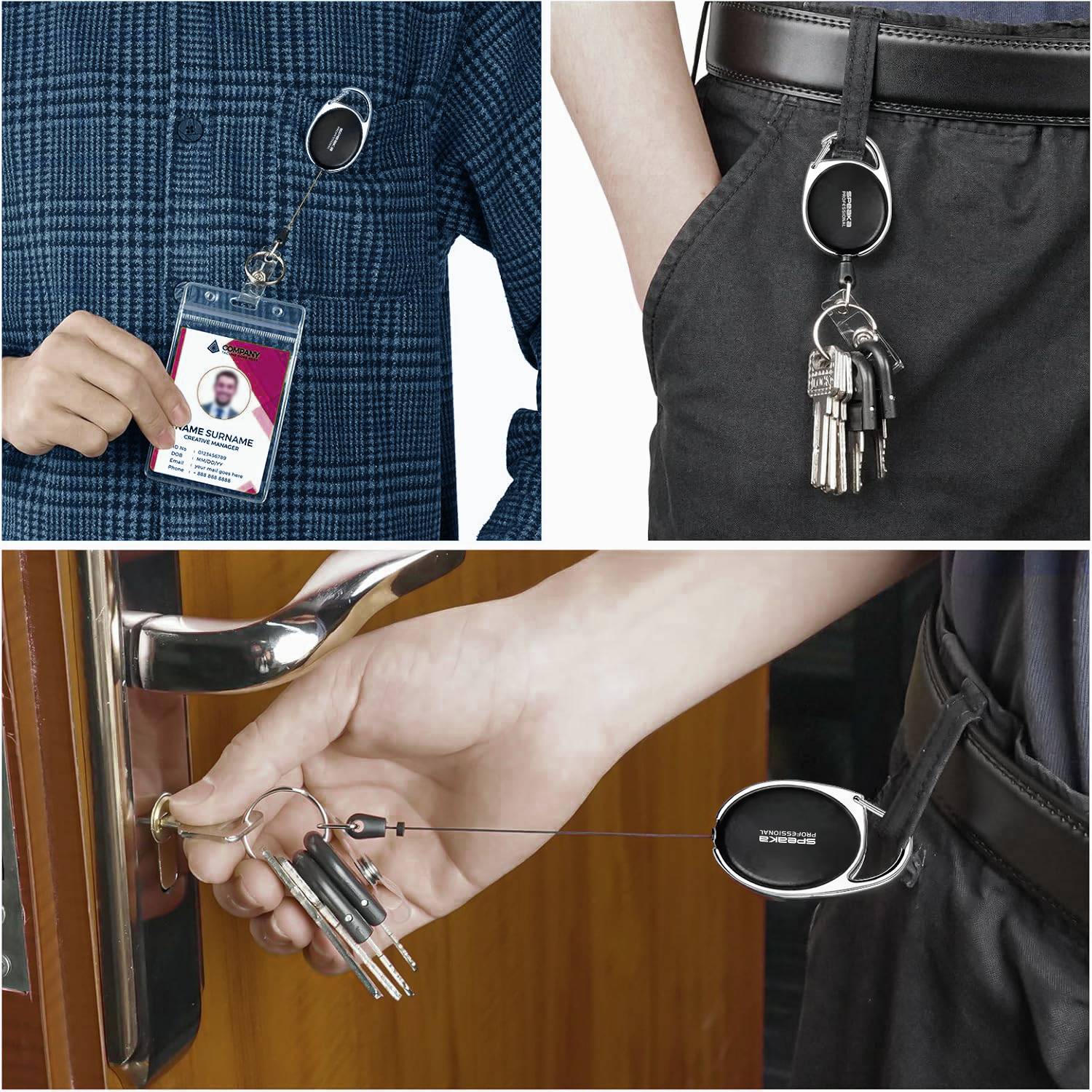 Osoba trzyma dowód tożsamości z breloczkiem przy ubraniu. Kolejny pęk kluczy wisi przy kieszeni spodni. Ręka wkłada klucz do zamka w drzwiach.