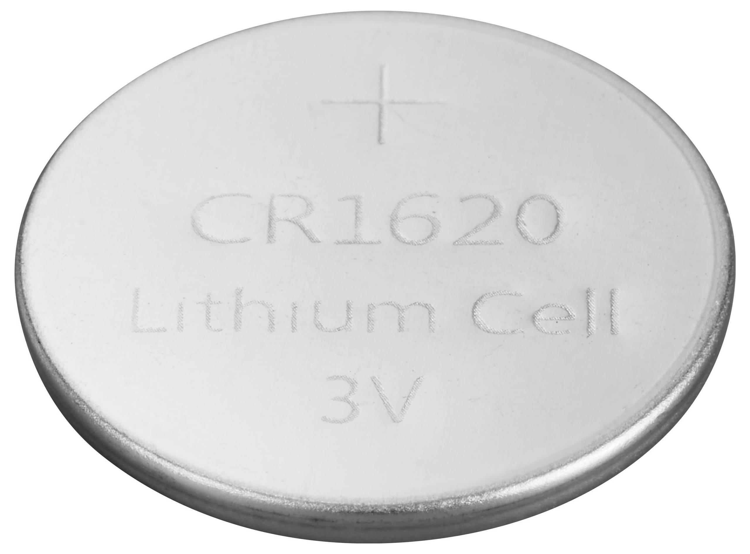 Okrągła bateria guzikowa z napisem "CR1620 Lithium Cell 3V" i znakiem plus, leżąca na powierzchni.