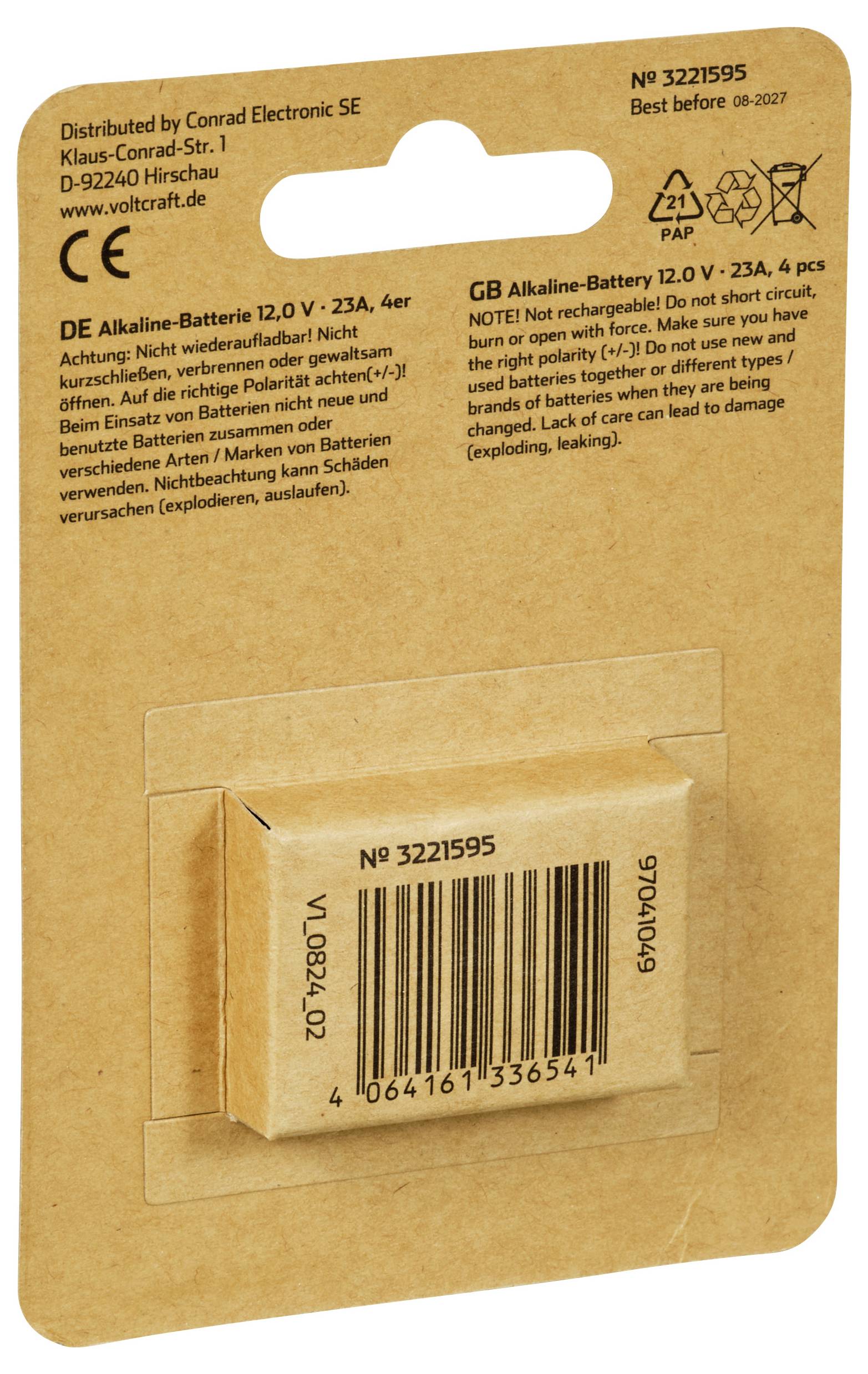 Opakowanie czterech baterii alkalicznych 12,0V 23A. Ostrzeżenie: Nie wrzucać baterii do ognia, nie zwierać ani nie rozmontowywać.