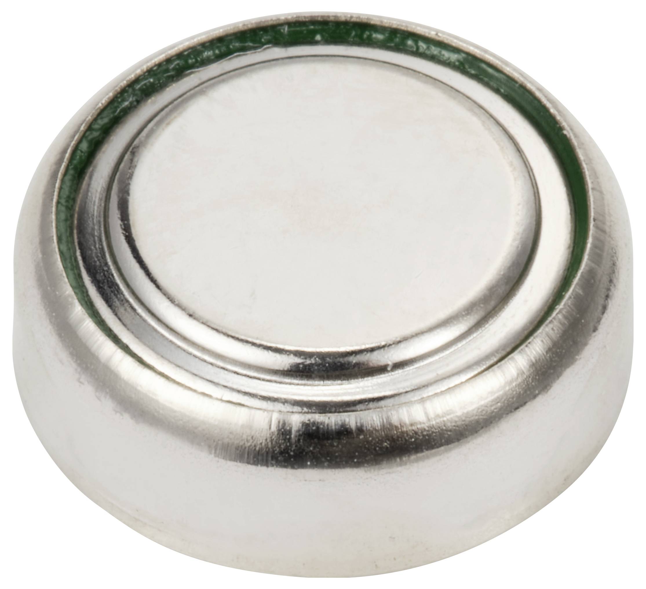 Okrągła bateria guzikowa z srebrną obudową i płaską górną powierzchnią, odpowiednia do zastosowań w małych urządzeniach elektronicznych.