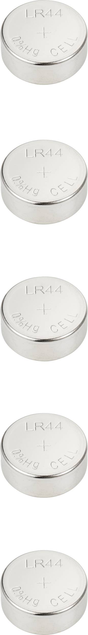 Pięć srebrnych baterii guzikowych ułożonych jedna na drugiej, każda z napisem 'LR44'.