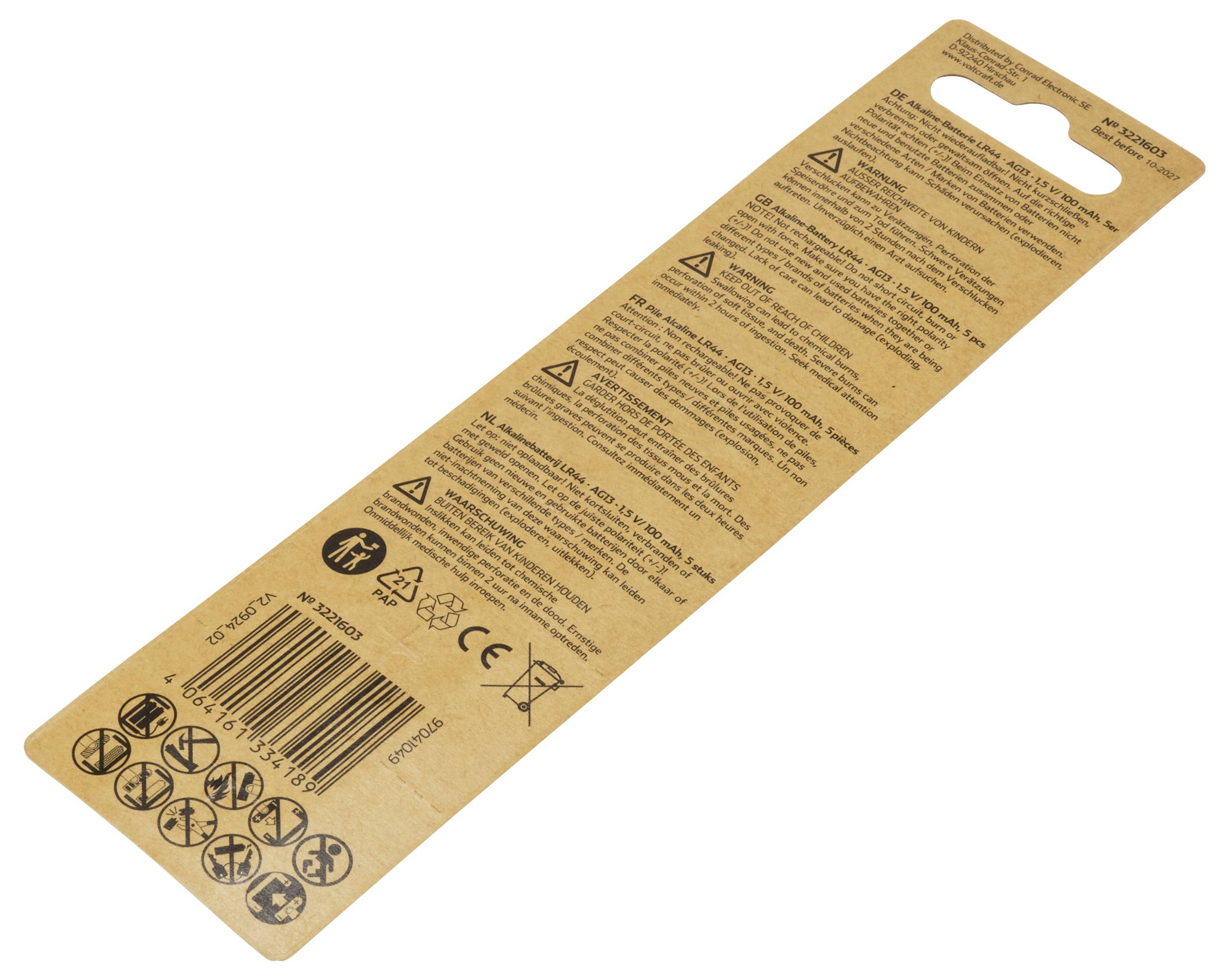 Wkładka kartonowa z ostrzeżeniami i symbolami w kilku językach. Zawiera symbole recyklingu, CE oraz kod kreskowy.