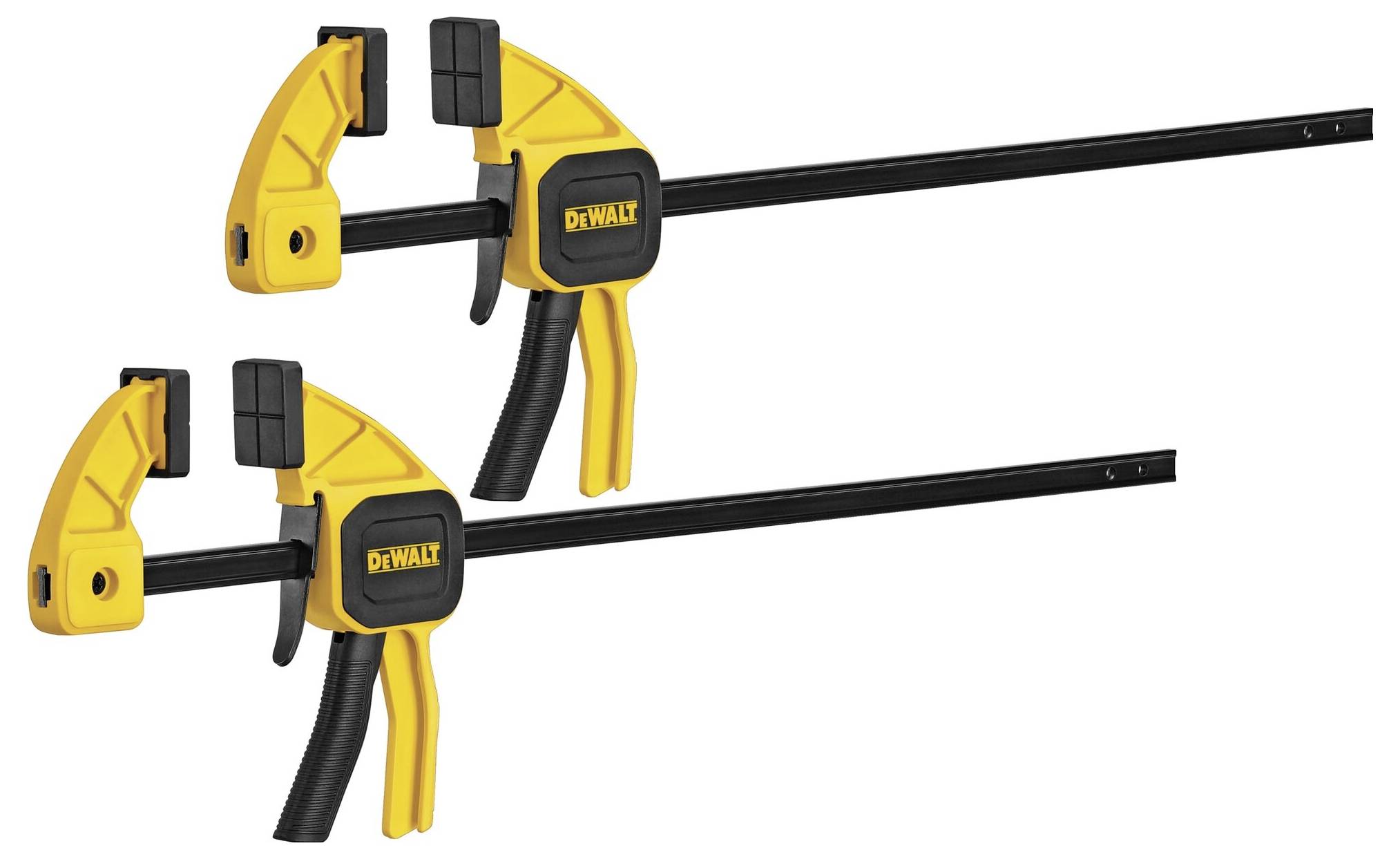 Dwie żółte ścisk}i szybkozaciskowe firmy DEWALT z czarnymi uchwytami, leżące obok siebie, prezentują swoje ramiona zaciskowe i mechanizmy.