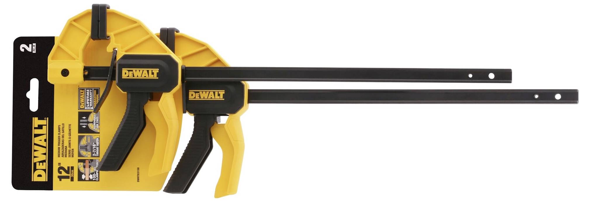 Dwie żółto-czarne imadła DeWalt zamocowane na kartonie, z widocznymi szczegółami dotyczącymi użycia oraz informacjami o opakowaniu.