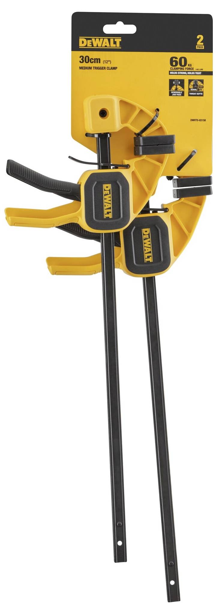 Dwie żółto-czarne ścisk szybkozaciskowe marki DeWalt, każda o długości 30 cm, w jednym opakowaniu. Odpowiednie do mocnego trzymania podczas prac przy drewnie.