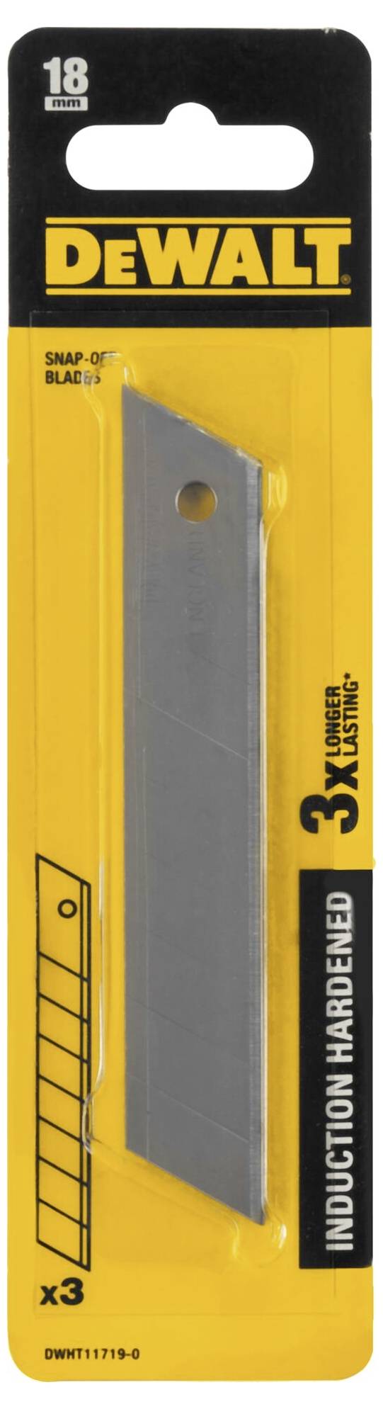 Ostrza łamane DEWALT do noża uniwersalnego, 18 mm, 3 sztuki w żółtym opakowaniu, o podwyższonej zdolności tnącej i trwałości.