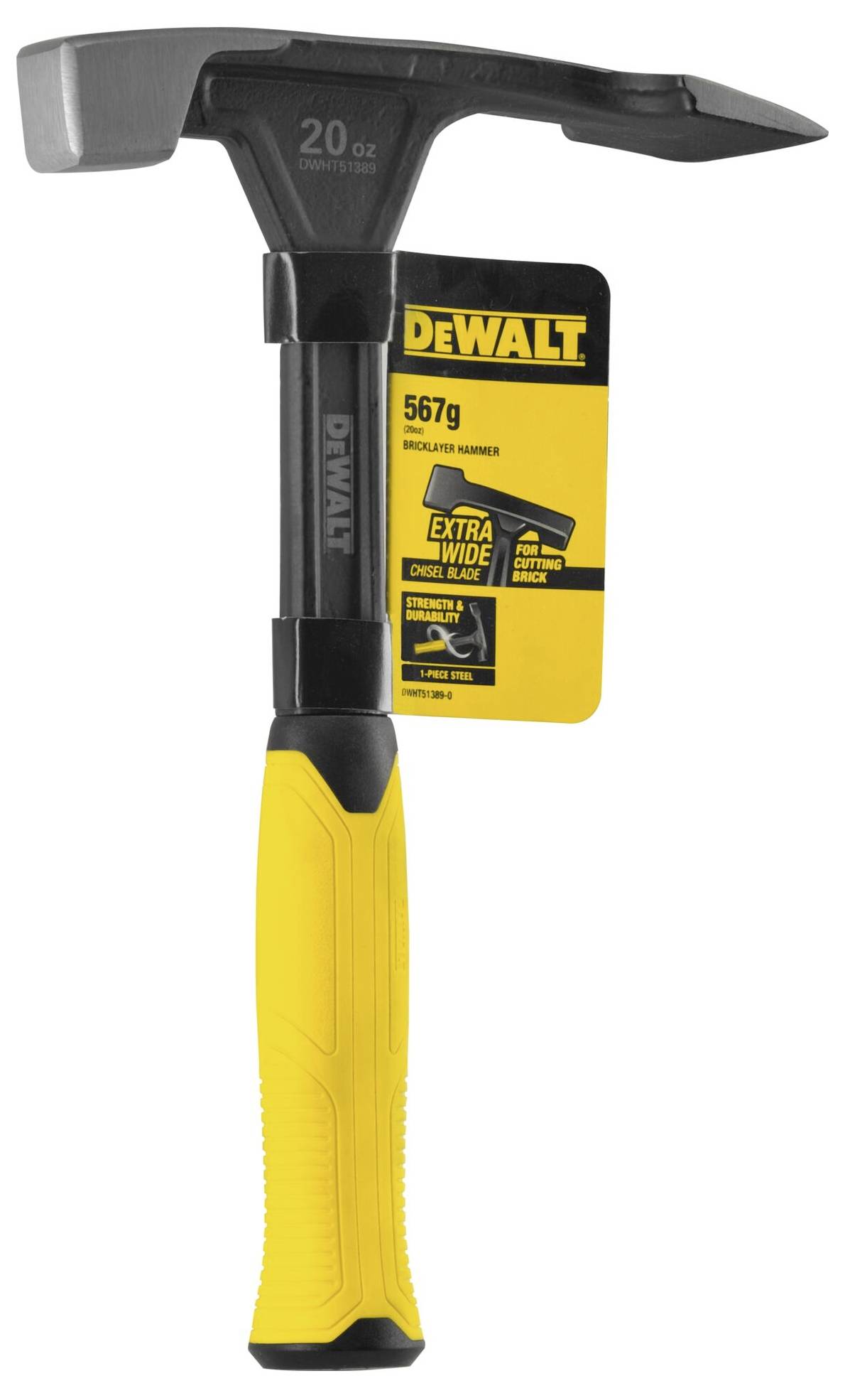 Młotek z żółtą rączką, czarną główką. Na etykiecie widnieje napis 'DEWALT 567g'. Szeroki design, przeznaczony do wbijania gwoździ i prac budowlanych.