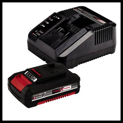 Ładowarka i akumulator w czarnej obudowie z czerwonymi akcentami. Napis 'Power X-Change Einhell'. Odpowiednie do elektronarzędzi.