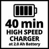 Ładowarka o wysokiej szybkości 40 min do akumulatora 2,0 Ah wyświetla symbol całkowicie naładowanej baterii.