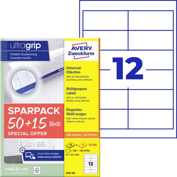 Avery-Zweckform 4781-65 Etykieta uniwersalna 97 x 42.3 mm Papier biały 65 ark. Trwały Drukarka atramentowa, Drukarka Laserowa, Drukarka Laserowa, kolorowa, Kopiarka, Drukarka z funkcją kopiowania w kolorze, Drukarka etykiet