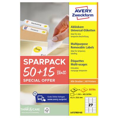 Avery Zweckform Sparpack specjalna oferta dla uniwersalnych etykiet do wielokrotnego użytku, 50+15 arkuszy, dla wszystkich drukarek, z rozmiarem etykiety 63,5 x 29,6 mm i kodem produktu L4737REV-65.
