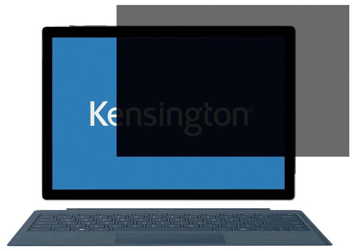 Laptop z ciemną osłoną ekranu firmy Kensington, wyświetlający niebieski i czarny obszar na wyświetlaczu.