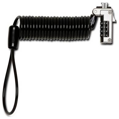 Czarny, spiralny zamek kablowy z czterocyfrowym kodem, odpowiedni do zabezpieczania laptopów lub innych urządzeń.