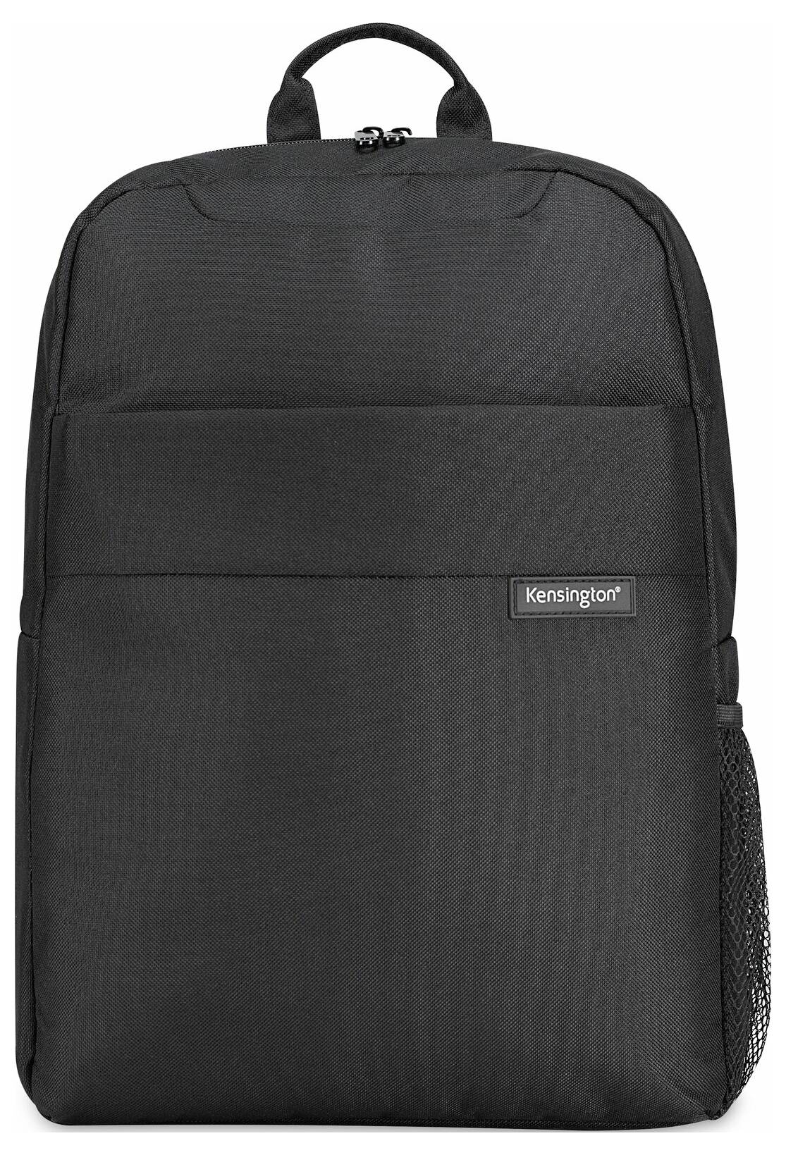 Czarny plecak z dwoma komorami i siateczkową kieszenią z boku. Na przedniej stronie widoczne jest logo 'Kensington'.