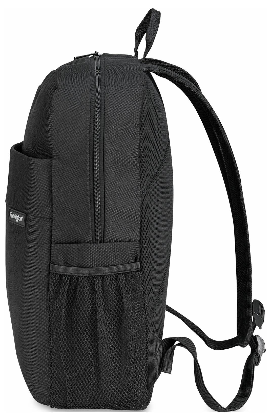 Czarny plecak z zamkiem błyskawicznym i siatkowymi kieszeniami bocznymi, widziany z boku. Odpowiedni do codziennego użytku.