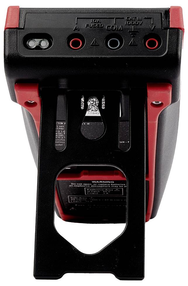 Cyfrowy multimetr z czerwonymi i czarnymi złączami. Wyświetlacz pokazuje ostrzeżenie dotyczące prawidłowego użycia przyłączy.