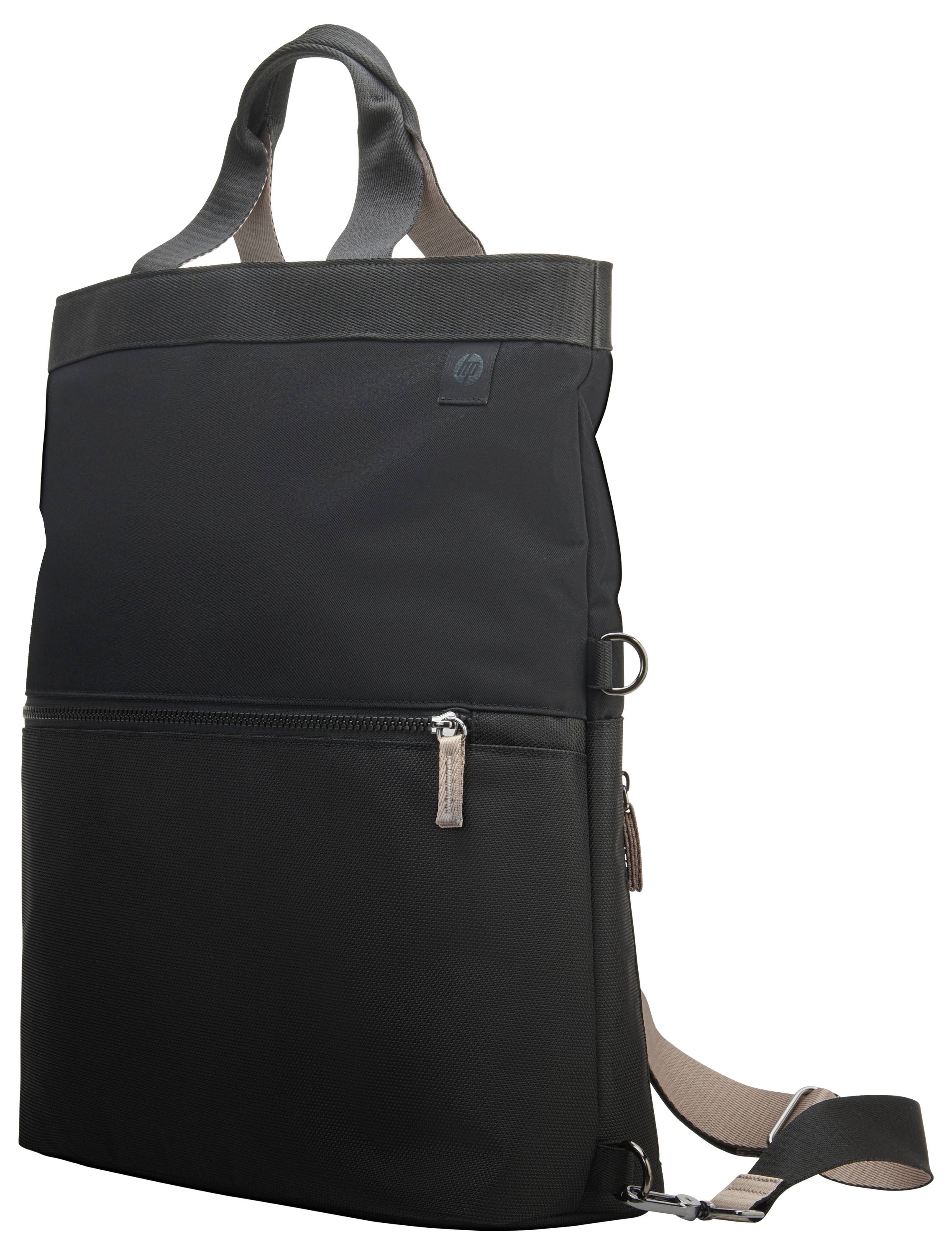 Stylowy czarny plecak z brązowymi paskami, idealny do codziennego dojeżdżania lub podróżowania, z zamkiem błyskawicznym z przodu.