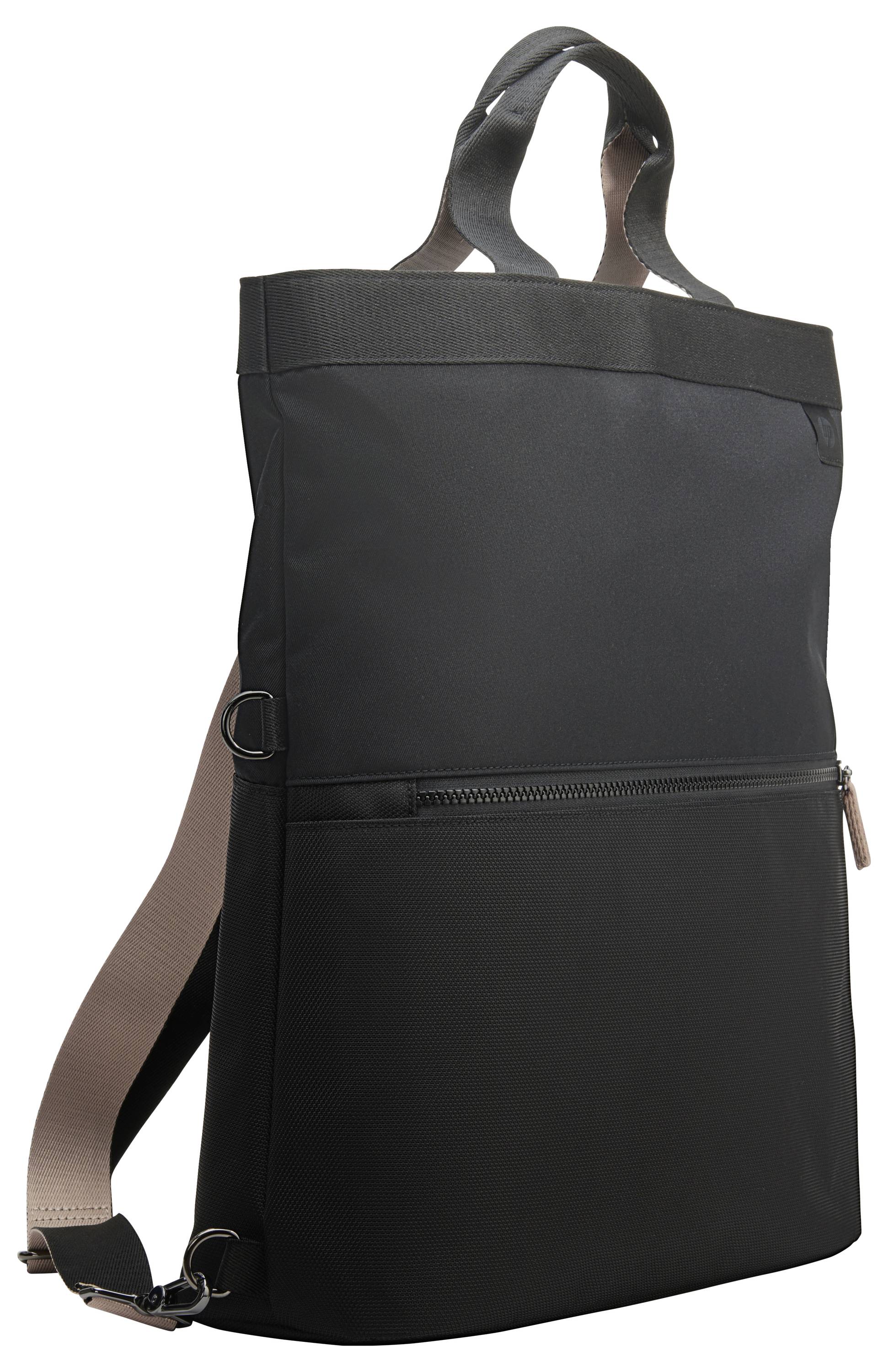 Czarny plecak z brązowym paskiem na ramię i dodatkowym uchwytem górnym, widoczna kieszeń na zamek błyskawiczny z przodu.