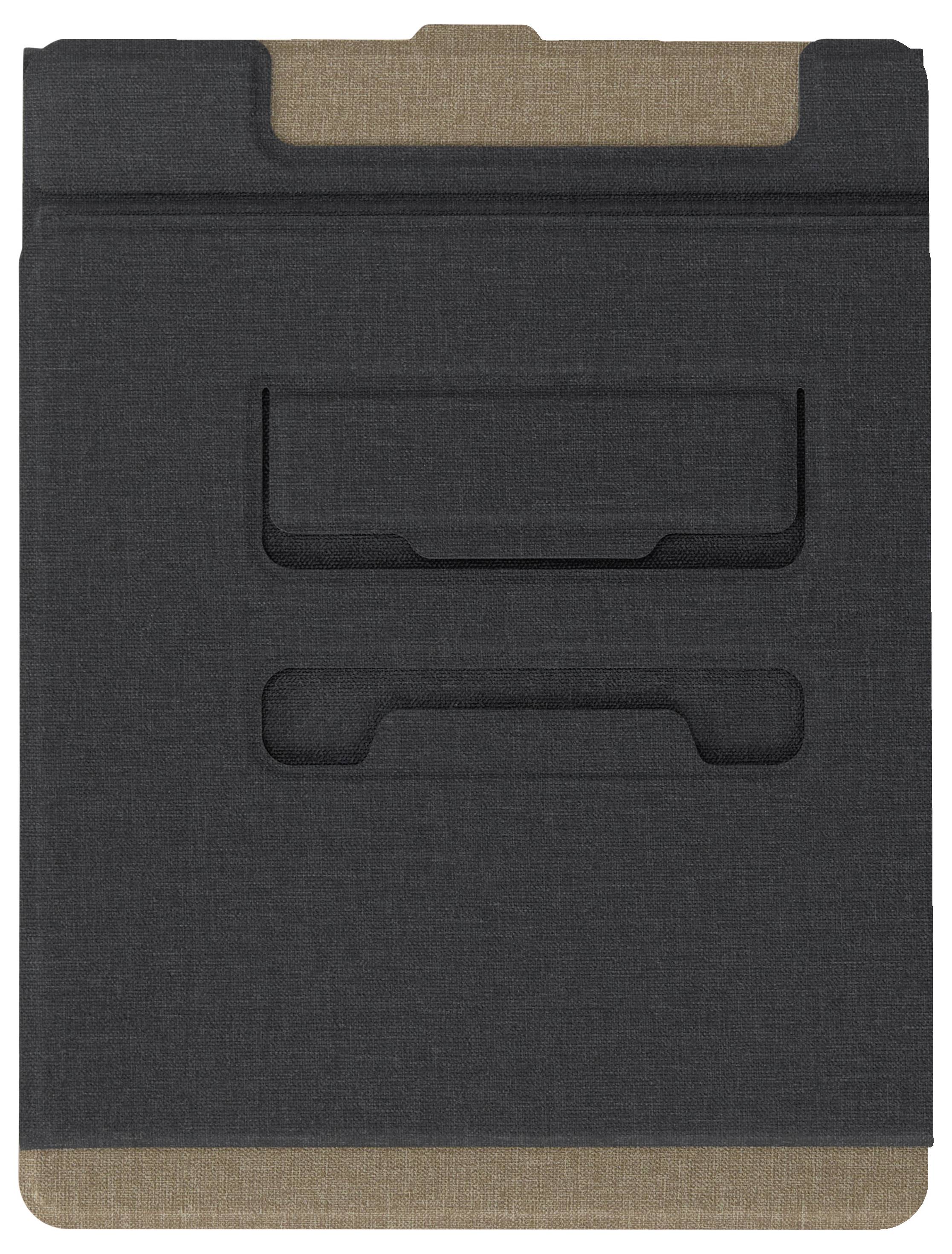 Etui na tablet w kolorach czarnym i brązowym, stojące z składaną podstawką, zapewniające bezpieczne podparcie i ochronę urządzenia.