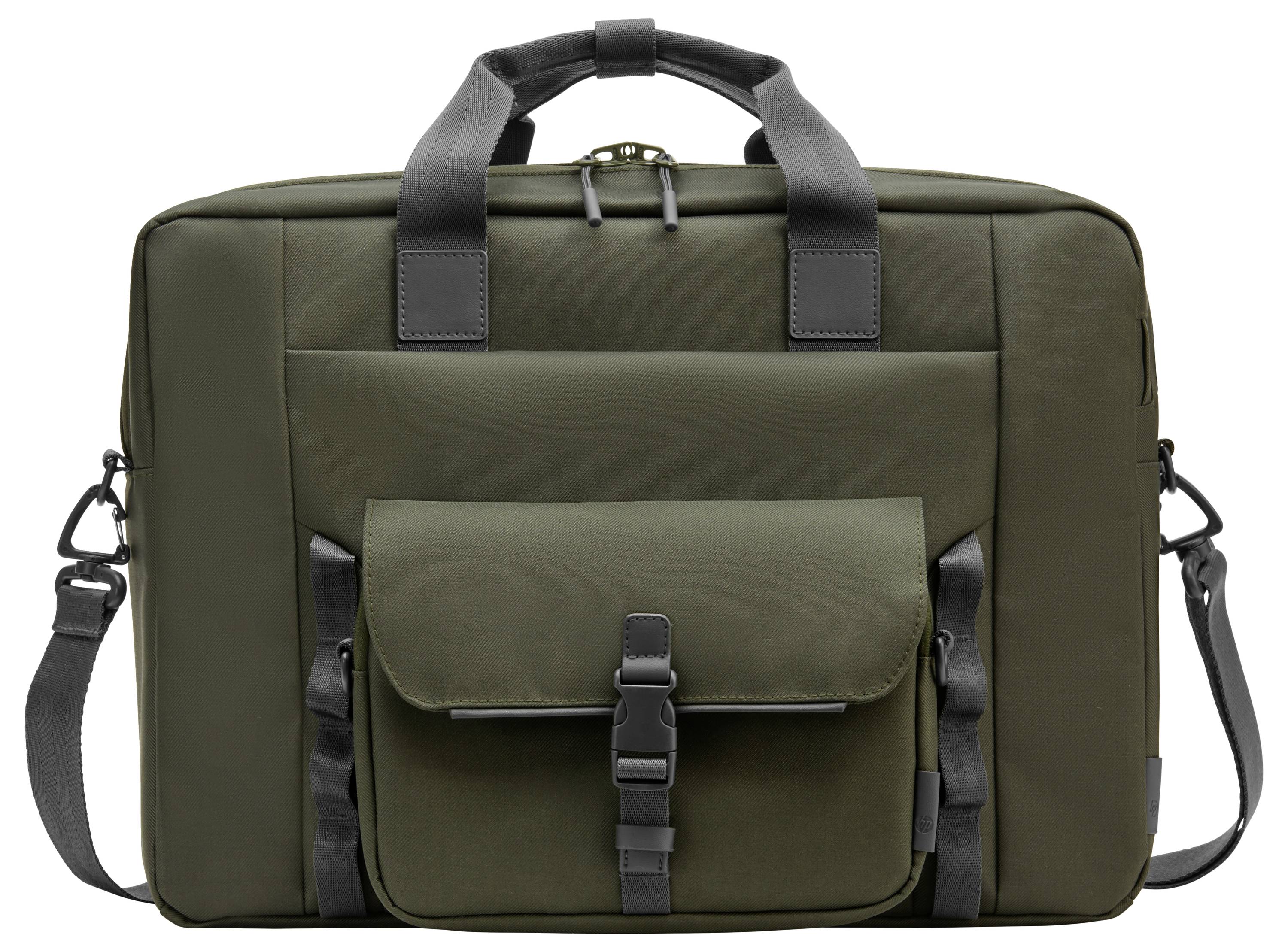 Oliwkowozielona torba na laptopa z paskami do noszenia i kilkoma zewnętrznymi kieszeniami, idealna na podróże służbowe lub do codziennego użytku.