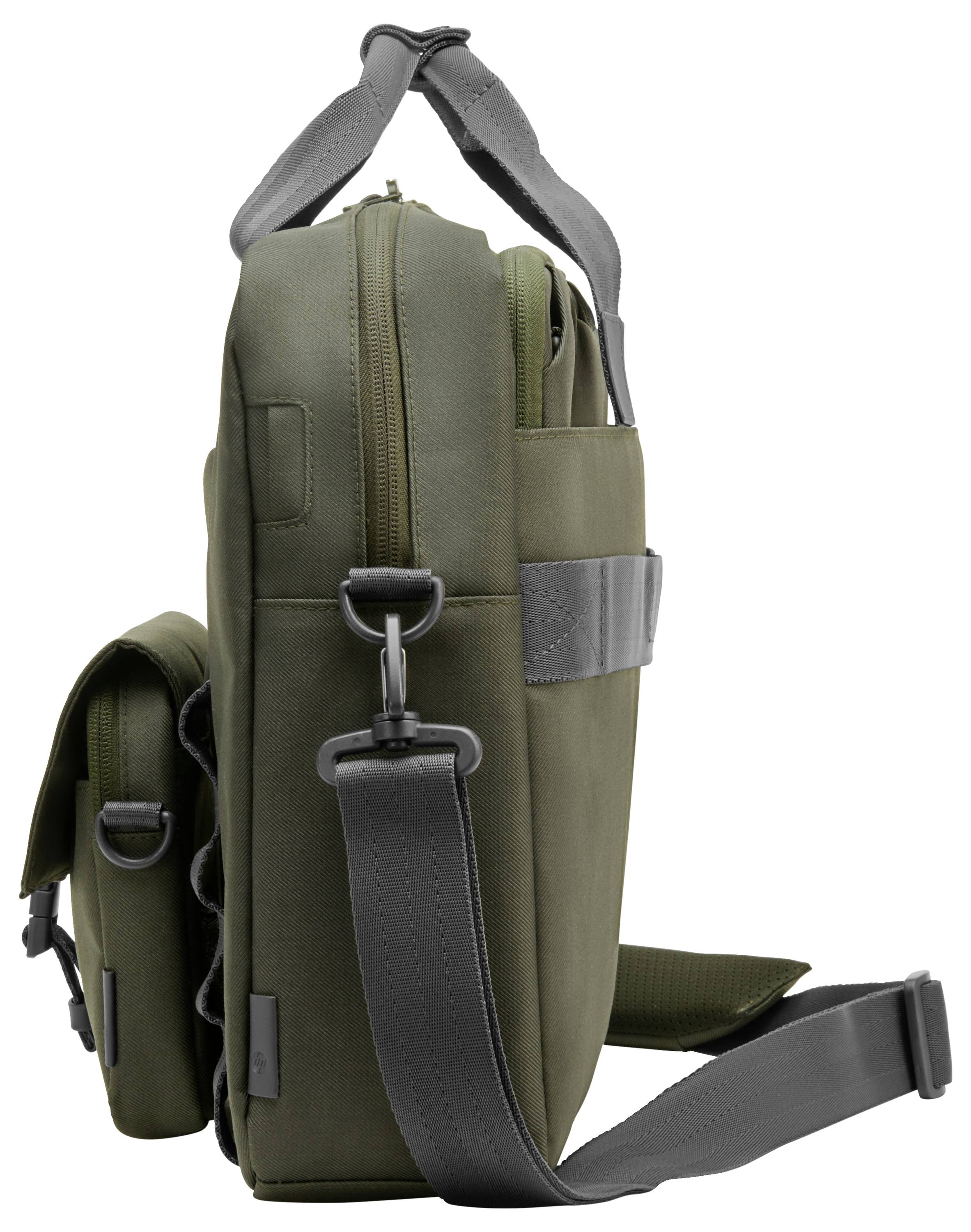 Oliwkowozielona torba na ramię z tkaniny z regulowanym paskiem i wieloma przegródkami, sfotografowana z boku.