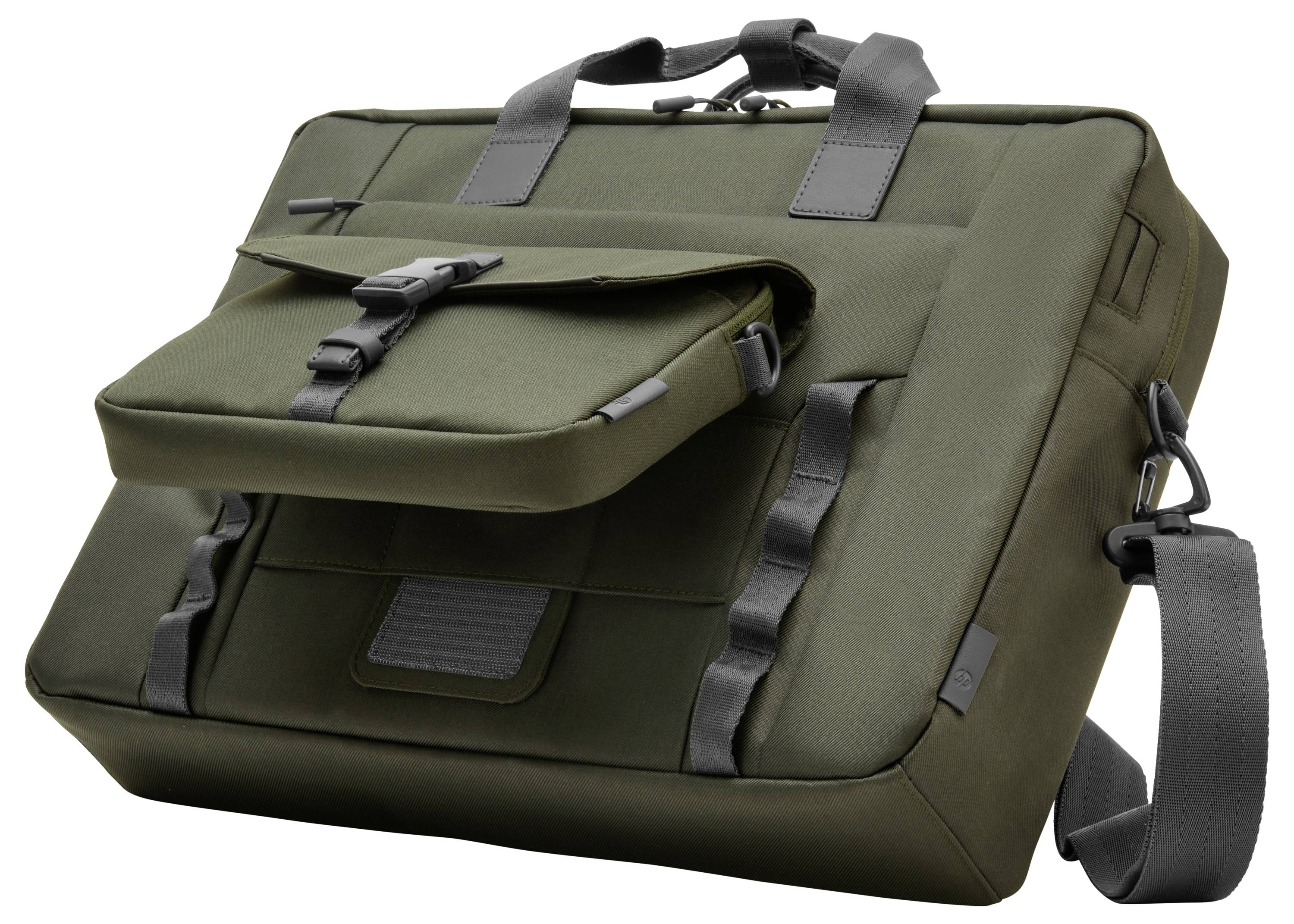 Oliwkowozielona torba na ramię z wieloma przegrodami i uchwytem, odpowiednia do przewożenia laptopów i na okoliczności zawodowe.